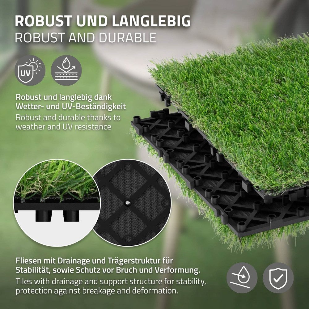 ML-DESIGN Kunstrasen Bodenplatte Terrassenfliesen Grün Fliesen mit Drainage und Klicksystem, Quadratisch, Höhe: 35.0 mm, Bodenbelag 1m²/11 Stück Grasfliese Grasmatte Rasenteppich Outdoor