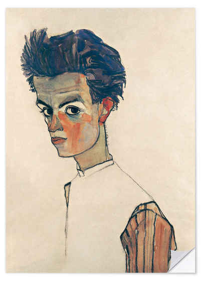 Posterlounge Wandfolie Egon Schiele, Selbstbildnis mit gestreiftem Hemd, Wohnzimmer Malerei