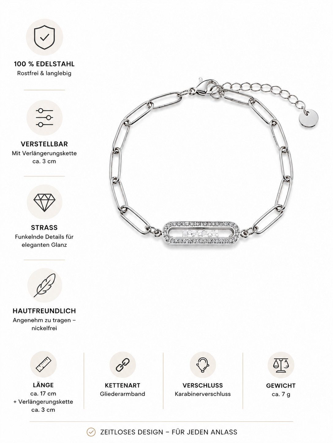 Brise Schmuck Armband Armband Damen mit Strass verstellbar Gliederarmband, Elegantes armband mit funkelnden Strassdetails und verstellbarer Länge
