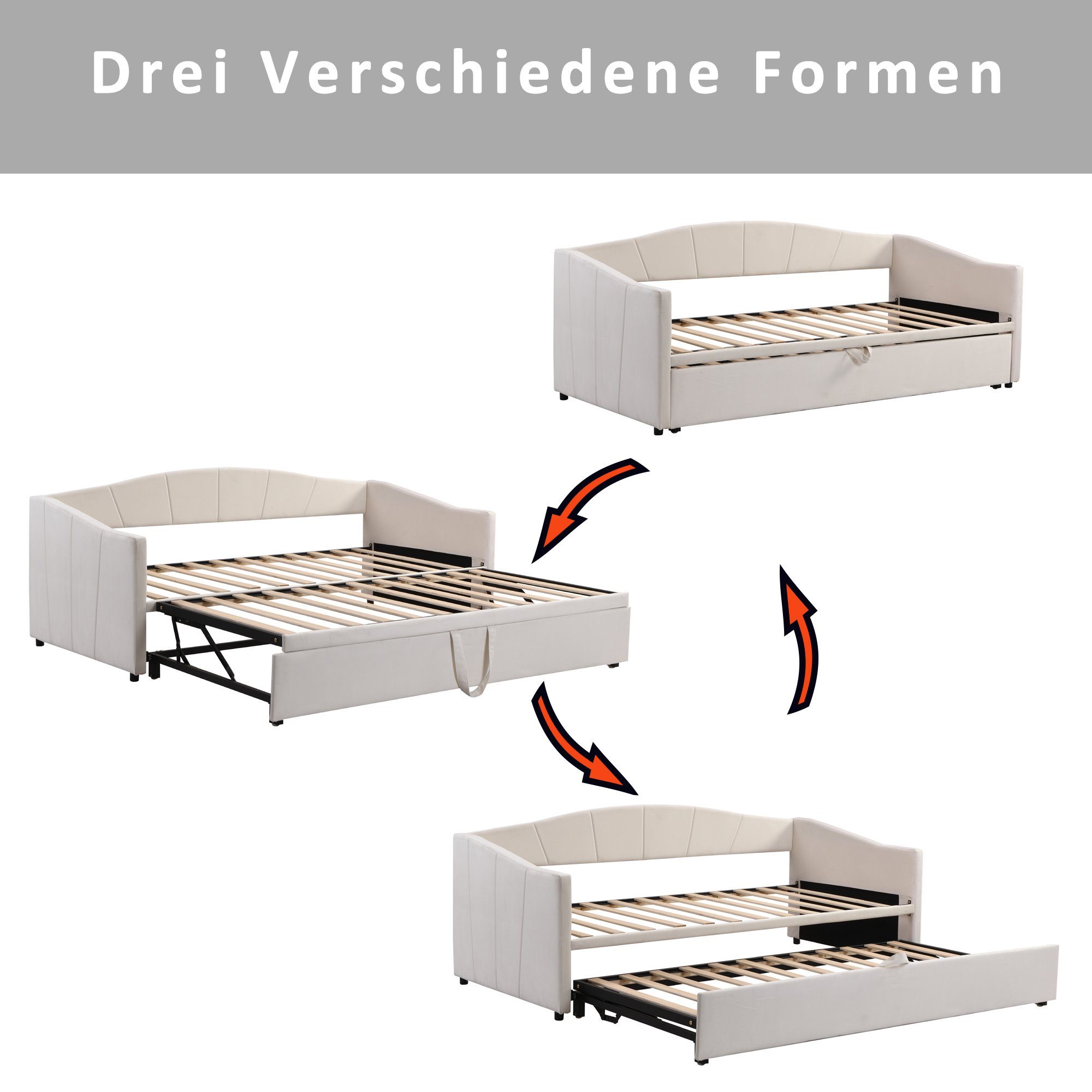 OKWISH Polsterbett Ausziehbares Schlafsofa Tagesbett (90/180*200 cm, mit Lattenrosten, Multifunktionsbett aus hautfreundlichem Samtstoff), Ohne Matratze