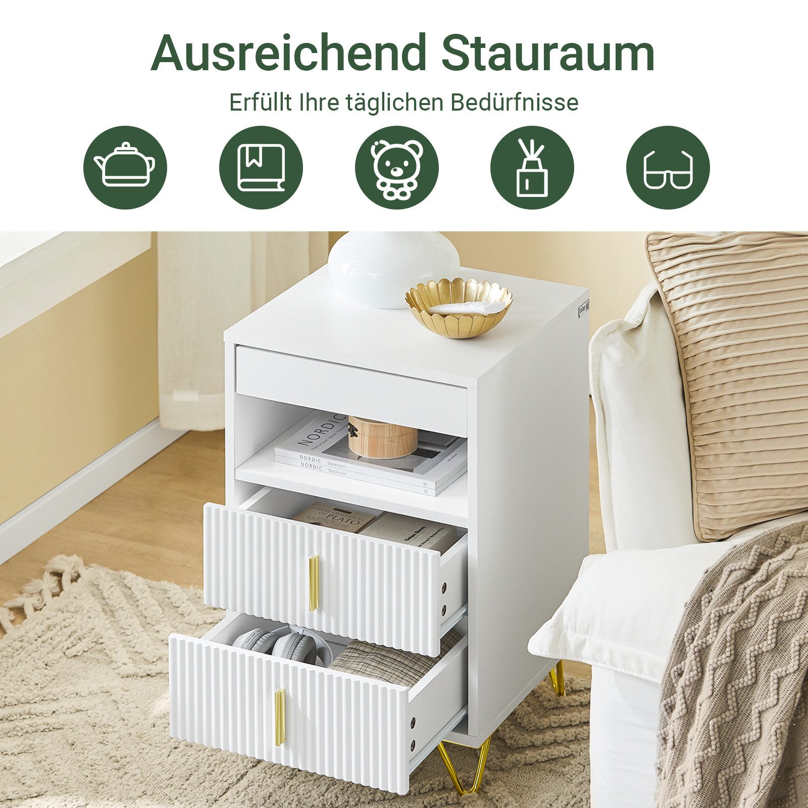 SoBuy Nachttisch FBT168, Nachtschrank schmal Beistelltisch Sofatisch, Nachttisch mit 3 Schubladen, offene Ablage für Schlafzimmer Wohnzimmer