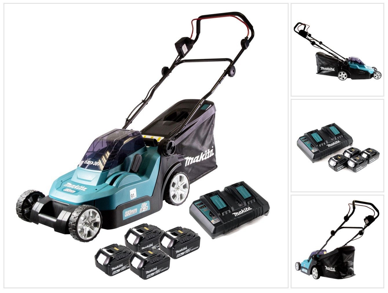 Makita Akkurasenmäher DLM 382 PG4 Akku Rasenmäher 36 V (2x 18 V) 38 cm 40 l + 4x Akku 6,0