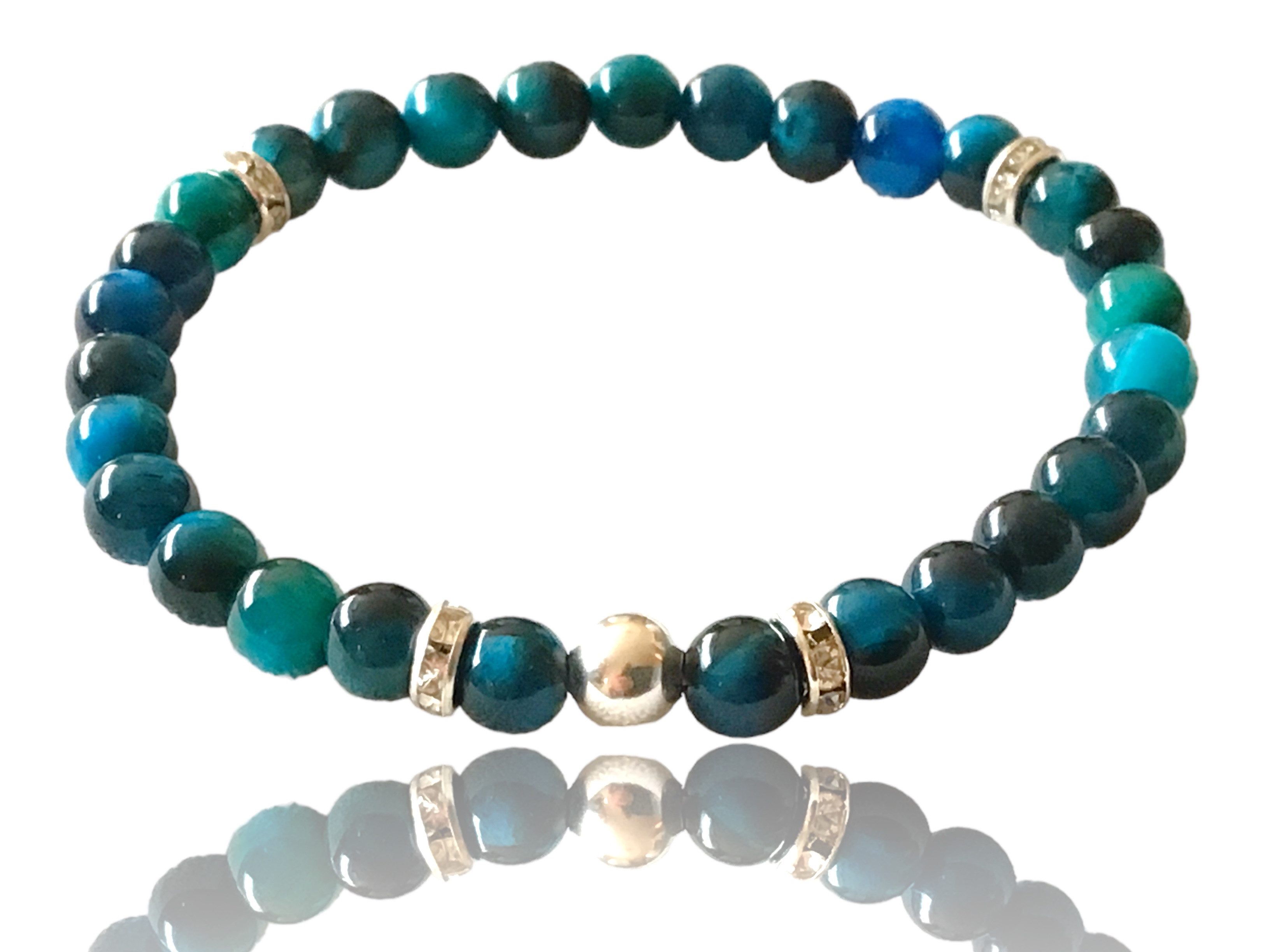Steinfixx® Perlenarmband Blaues Tigerauge Perlenarmband handgemacht mit 925 Silber Perle (elegant schillernd in blau-türkis, 1-tlg., versilberte Trenner, Handmade), AAA-Qualität