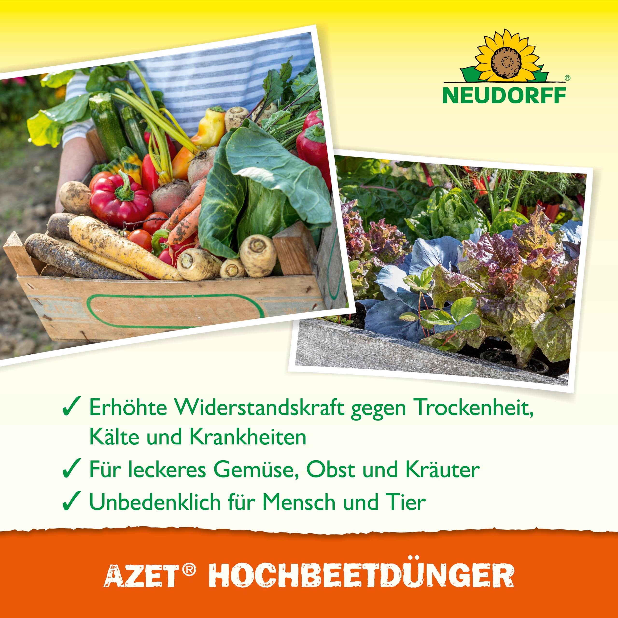 Neudorff Blumendünger Bio - Azet HochbeetDünger 1L für 200L Gießwasser, 100 % organisch und vegan - Bio Dünger für eine leckere und aromatische Ernte, von Obst, Gemüse und Kräutern im Hochbeet, mit praktischem Dosierbecher