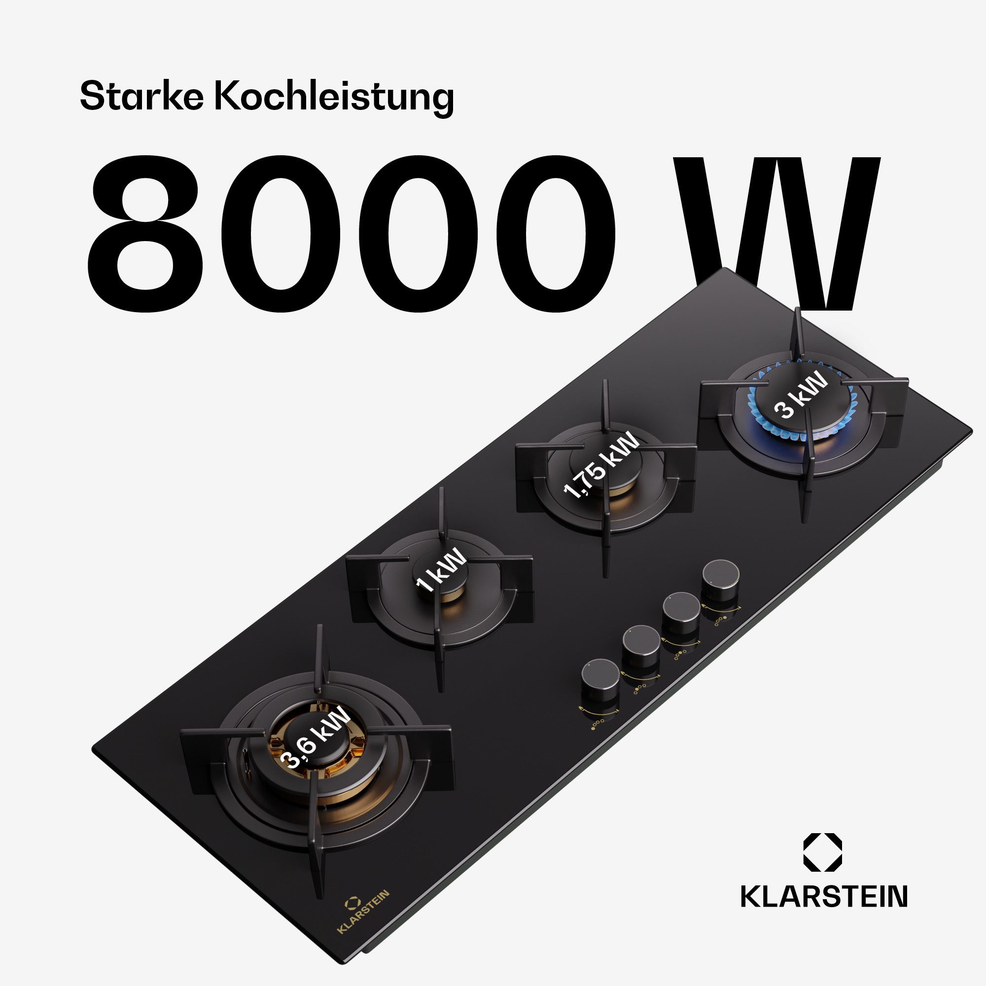 Klarstein Gas-Kochfeld Goldflame, Kochfelder Gas Hob 4 Zonen Glaskeramik Einbau