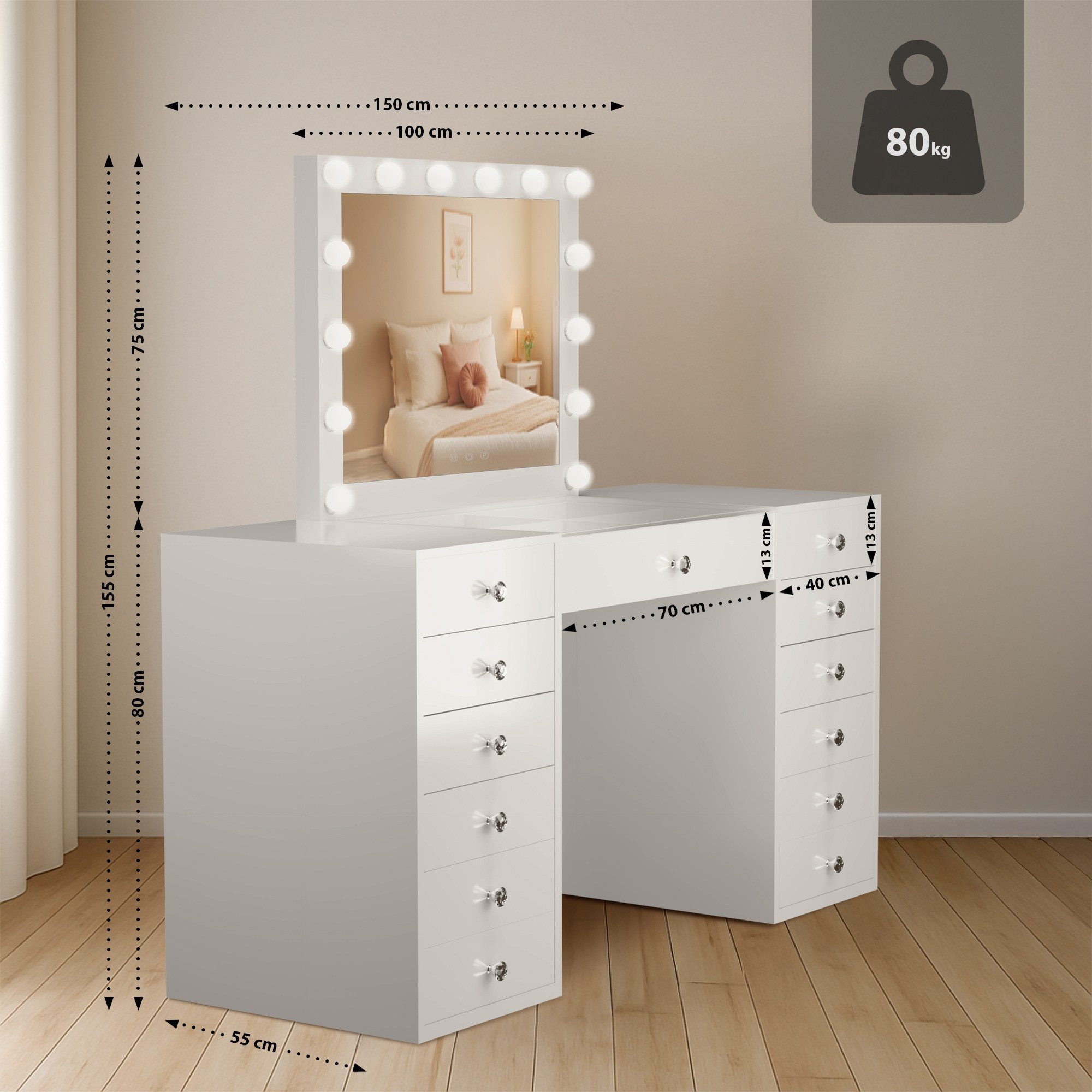 furnicato Schminktisch Attalla 150x55x155 cm weiß (1-St)