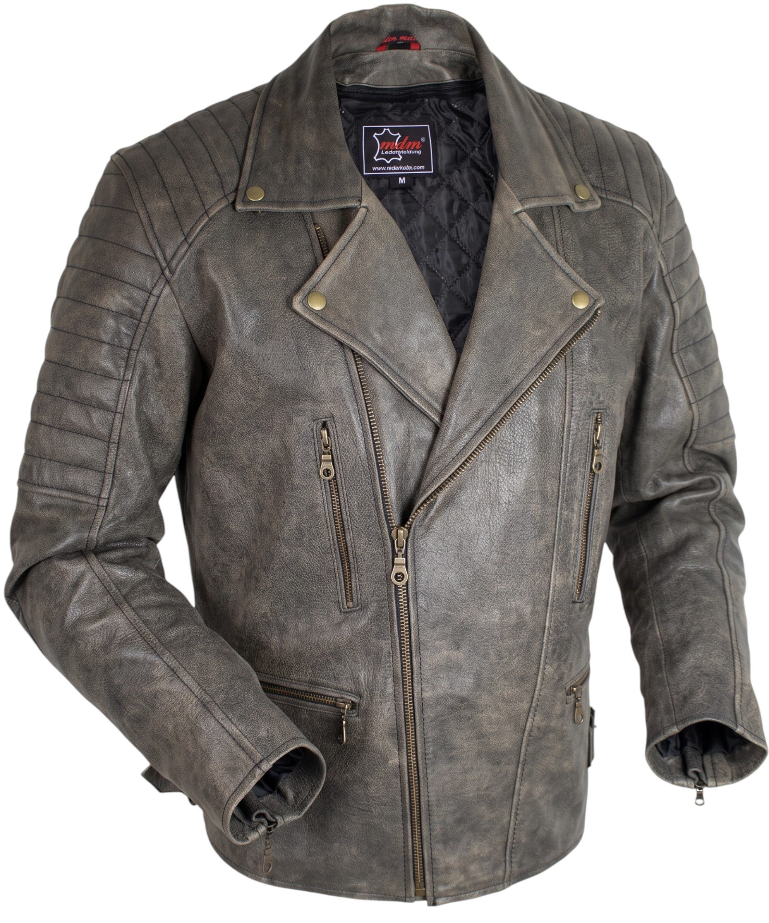 MDM Motorradjacke Retro Motorradjacke Biker Lederjacke im Vintage Stil Mit Protektoren an Schulter, Ellenbogen und Rücken – Bild 5 von 5
