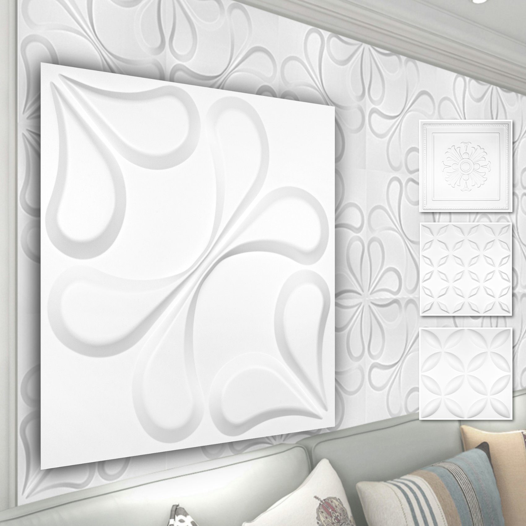 Hexim Dekoobjekt (PVC Kunststoff - weiße Wandverkleidung mit 3D Optik - Blumen Motive (3 qm, 12 Platten) Wandtattoo modern Iso Paneel)