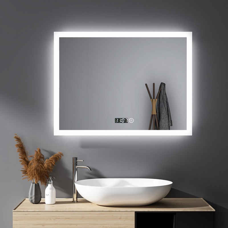 WDWRITTI Spiegel Led Badspiegel 80x60 mit Uhr Touch Dimmbar Kalt/Neutral/Warmweiß (Speicherfunktion, IP44), Wandschalter auswählbar