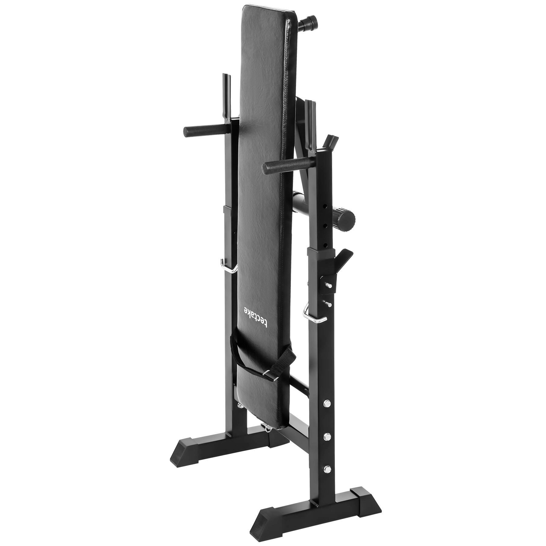 tectake Hantelbank Fitnessbank, rutschfest, mit 2 höhenverstellbaren Langhantelabnahmen, (Trainingsbank, in schwarz), 118 x 55 x 106 cm, gepolstert mit Kunstlederbezug, Dip Station