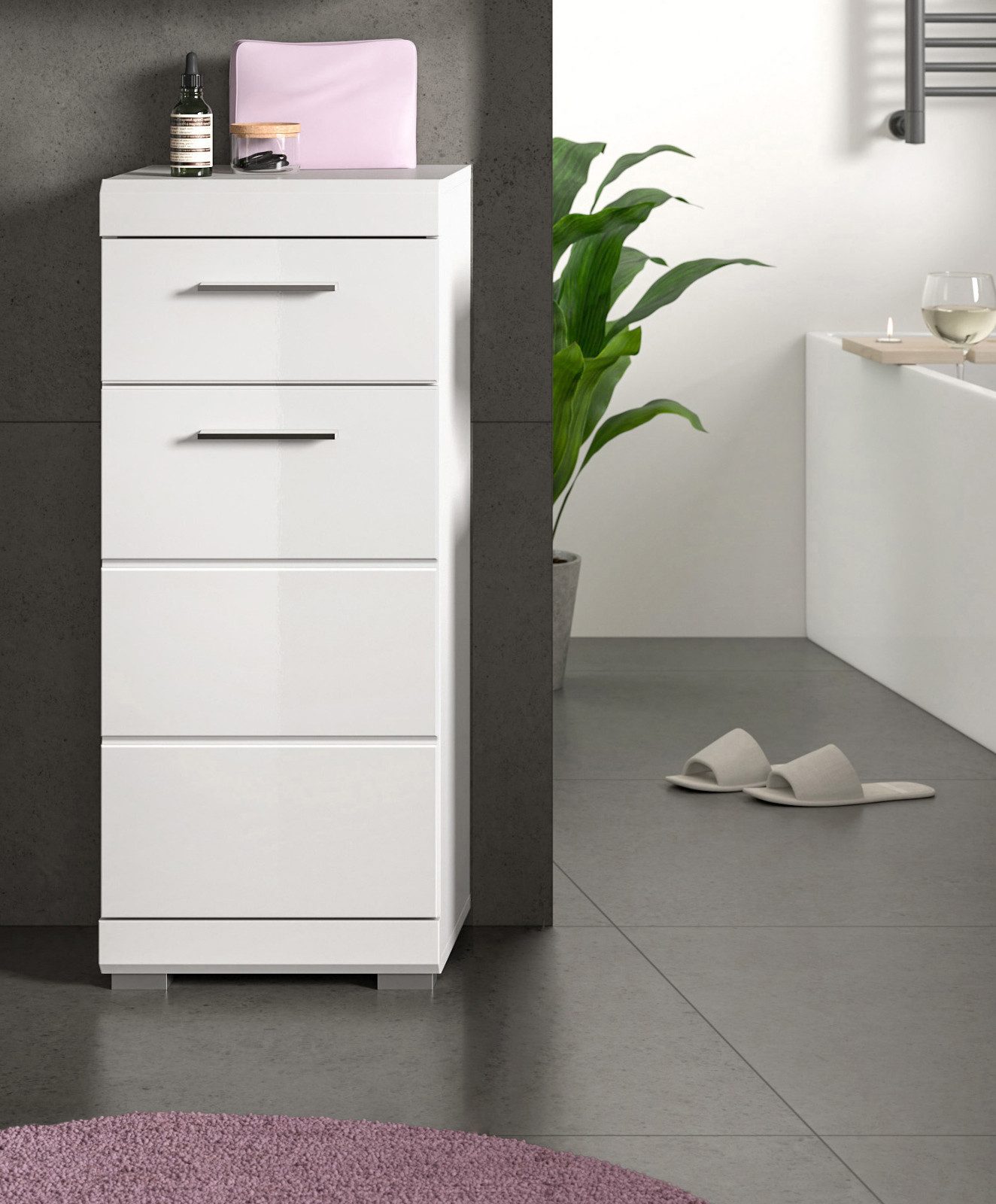 Inn.Furn Badkommode Shawn (Badschrank in weiß Hochglanz, 37 x 88 cm), mit Schublade und Fächern
