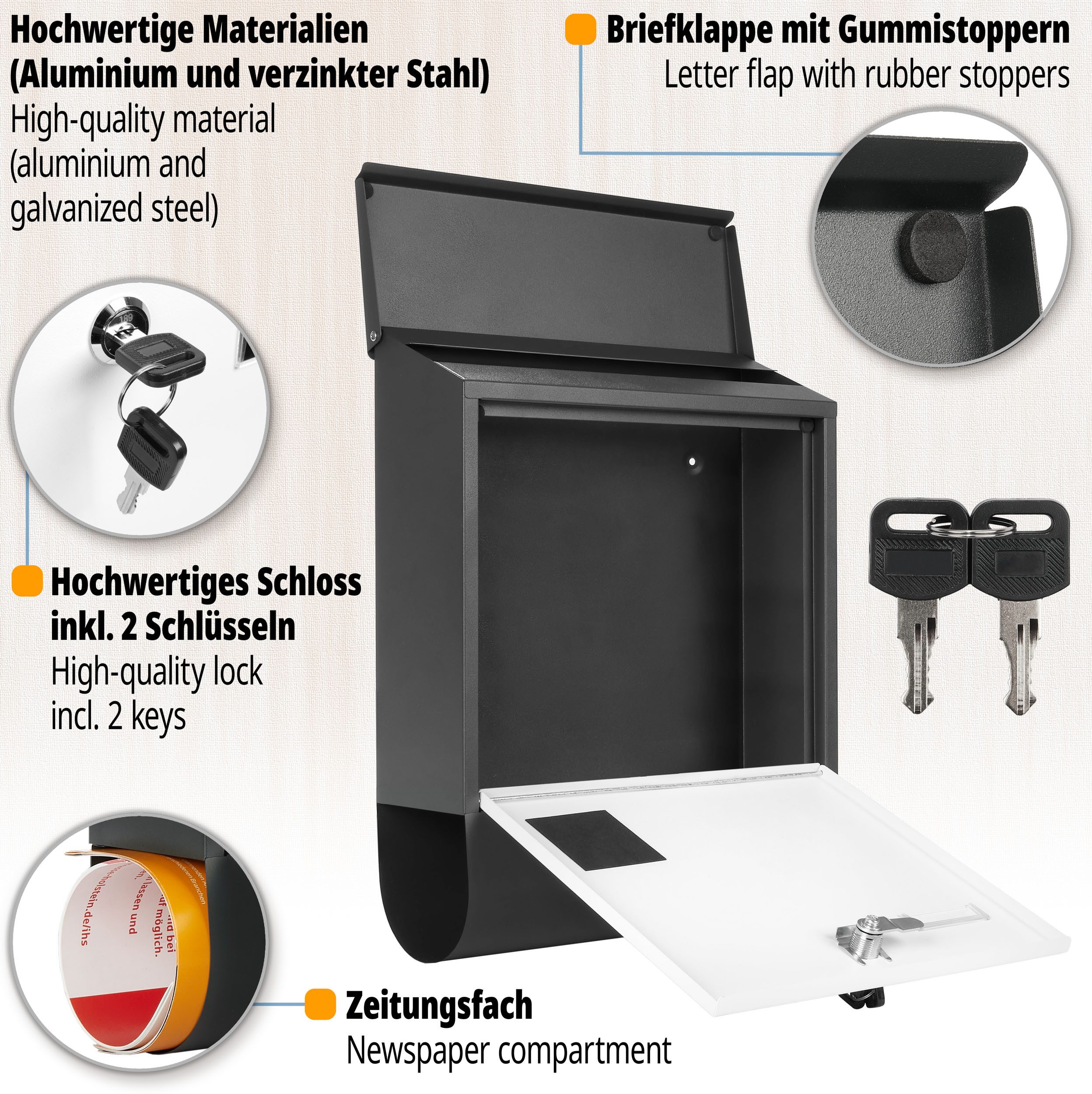 BRUBAKER Briefkasten mit Zeitungsfach - Postkasten mit Zeitungsrolle und Namensschild (1-St., mit 2x Schlüsseln - Anthrazit und Weiß), Großer Wandbriefkasten aus Aluminium und verzinktem Stahl