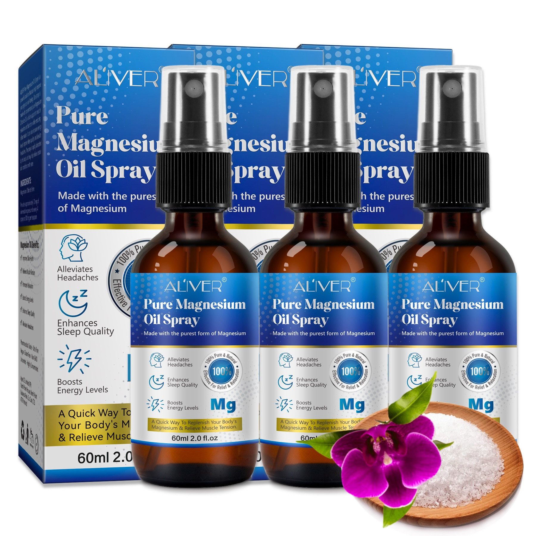 ALIVER Gesichts- und Körperspray Pure Magnesiumöl Spray für Sport Muskel Entspannung 60ml, 3-tlg., 60ML