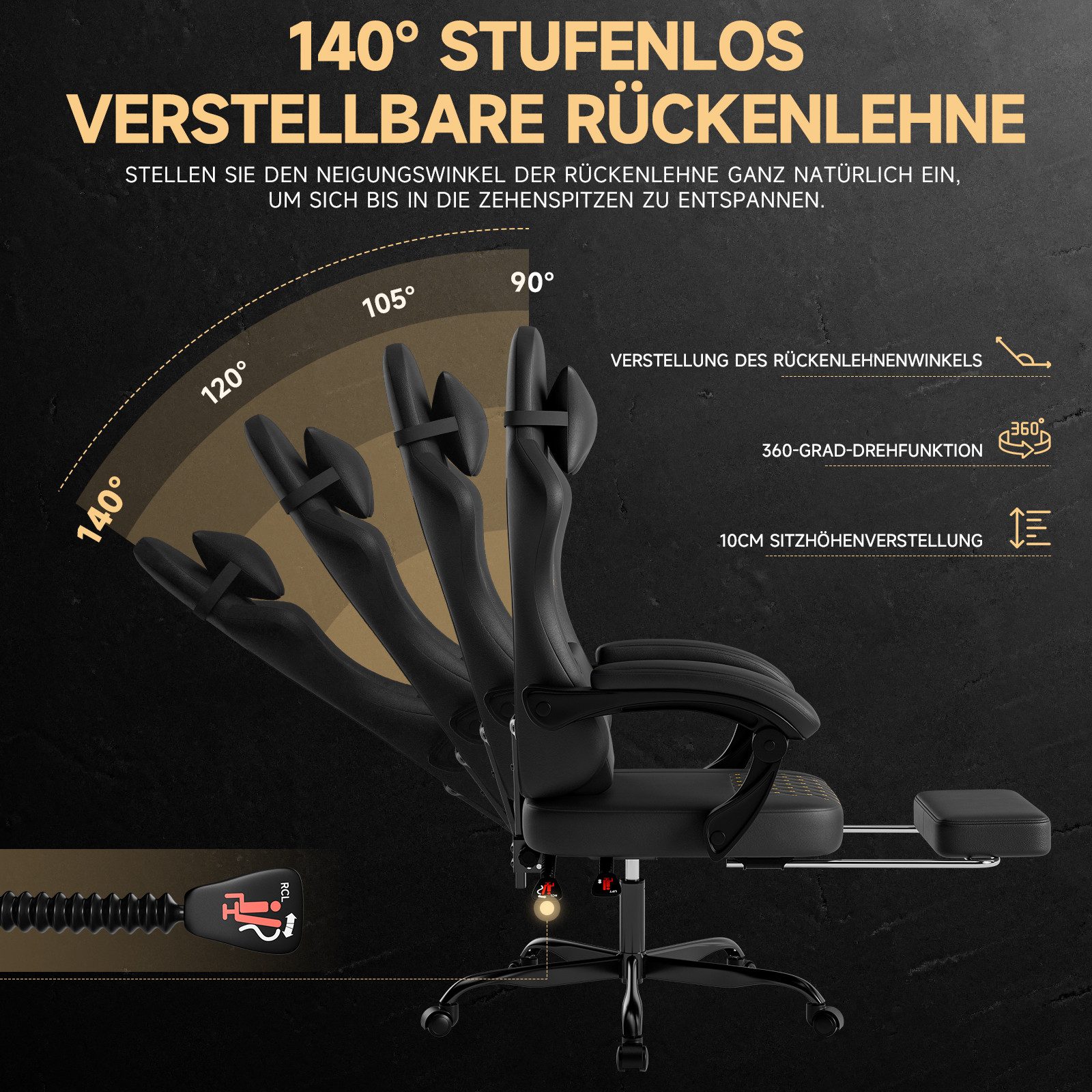 SeedWave Gaming-Stuhl PC Stuhl mit Rückenlehne 140° Neigbar, Fußstütze, Belastbar bis 160 kg, Ergonomisch mit Kopfstütze und Lendenstütze, 49cm Breites Sitzpolster