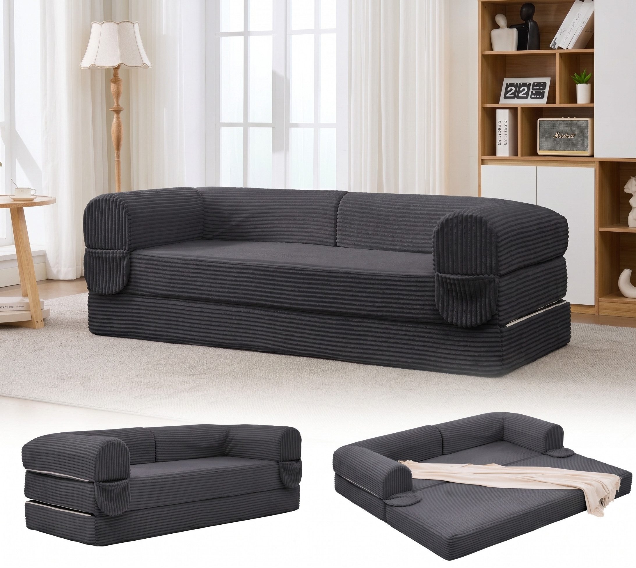 LVHOM Schlafsofa Platzsparendes 2-Sitzer in 6 Farben, Sofa & Gästebett in einem, Stabiler Schaumkern, hautfreundlicher Cord, minutenschnelle wandelbar