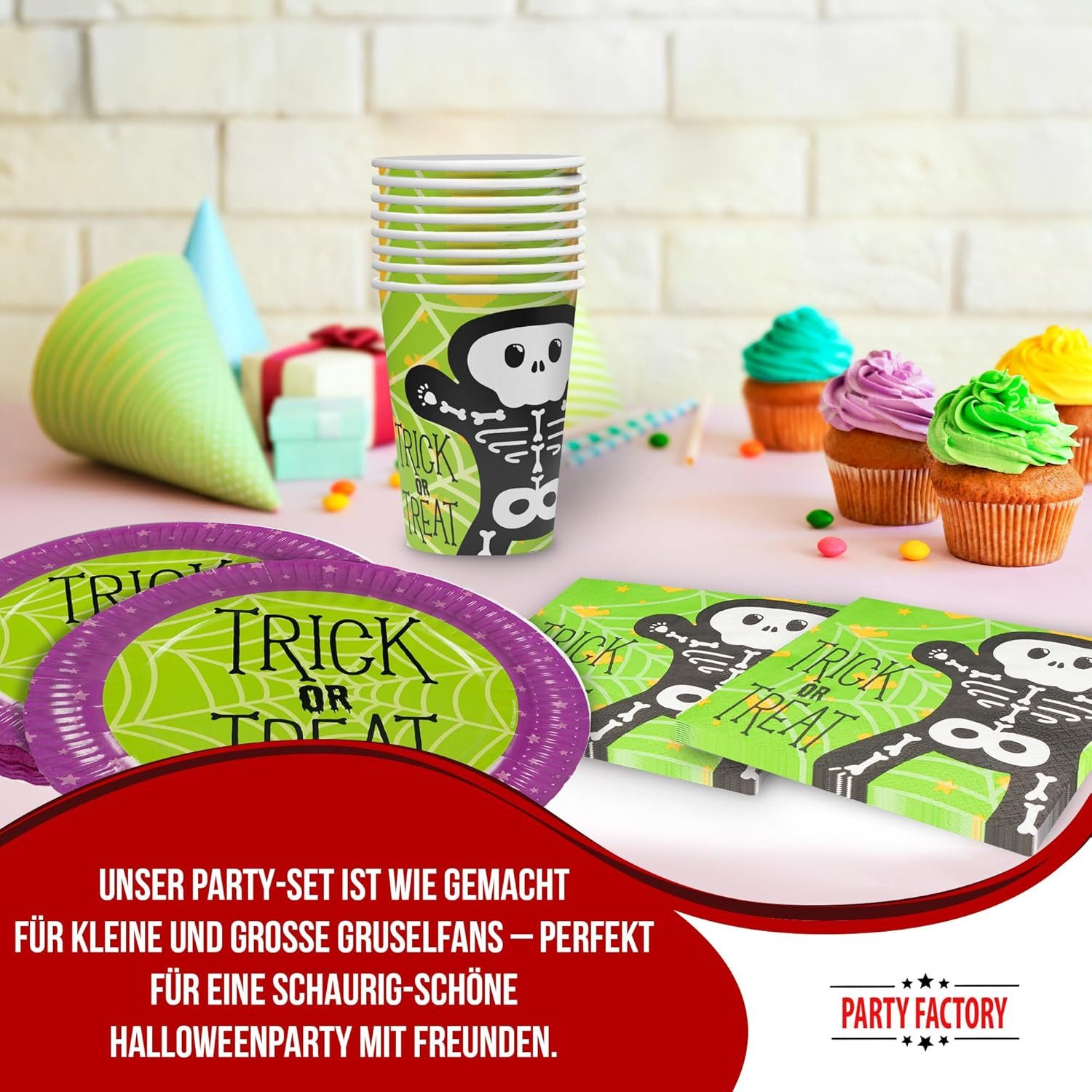 Party Factory Geschirr-Set Halloween Skelett 3-tlg Party-Set mit Becher, Teller und Servietten, 8 Personen, schaurig, spaßig und unkompliziert
