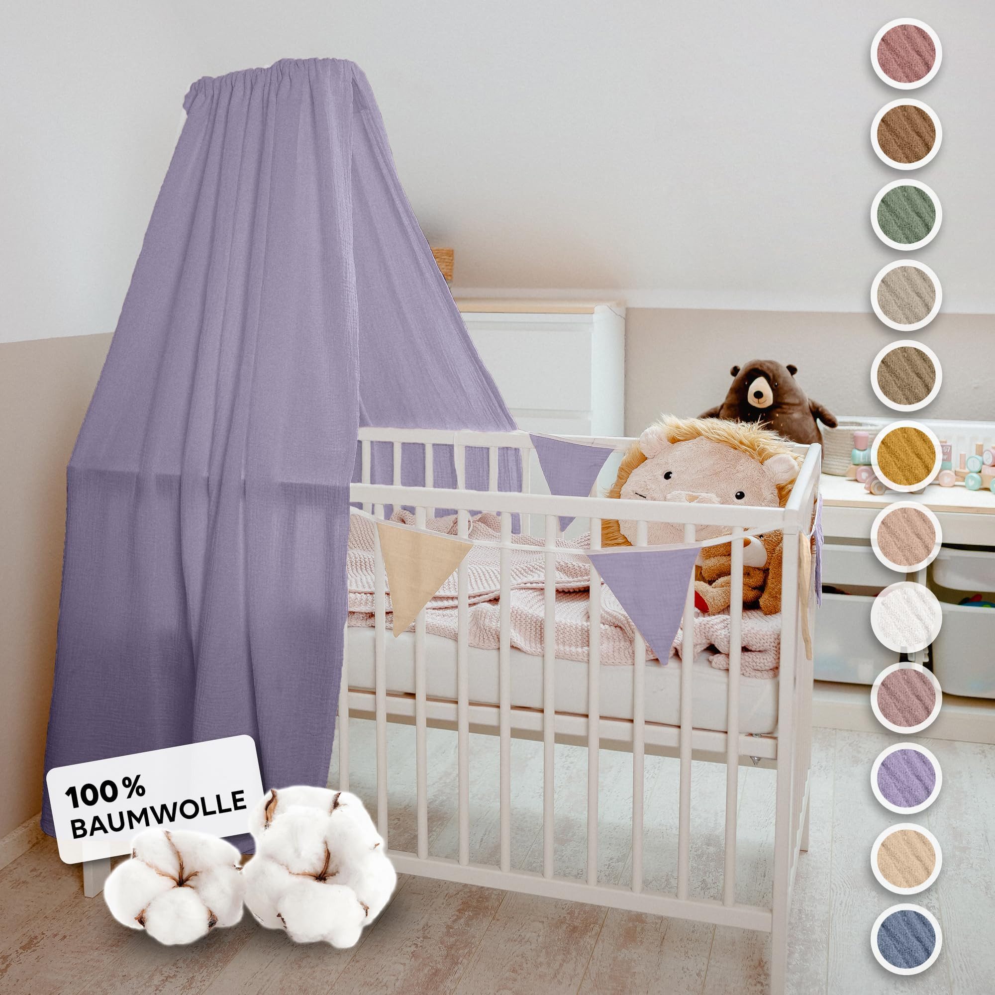 lilimaus Betthimmel Handgefertigter Musselin Betthimmel aus 100% Baumwolle für Babybett, Stoffhimmel für Babybett-Deko im Kinderzimmer und Spielzimmer