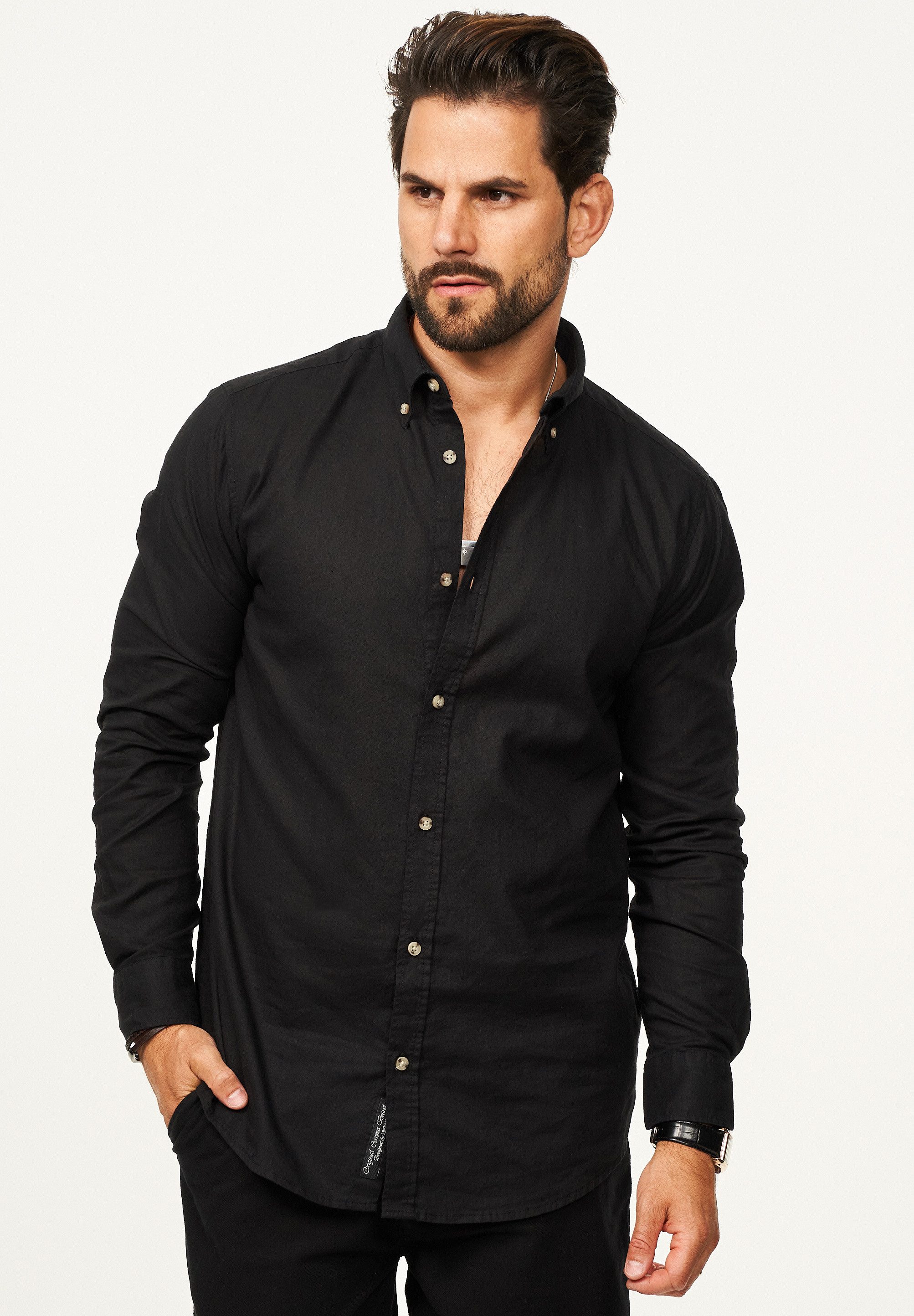 behype Langarmhemd aus Leinen im Regular-Fit Sommerhemd Herren Leinenhemd Freizeithemd mit Button-Down-Kragen