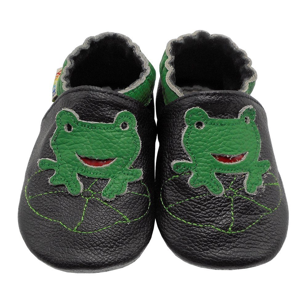 Yalion Weiche Leder Lauflernschuhe Hausschuhe Lederpuschen Frosch Schwarz Krabbelschuh