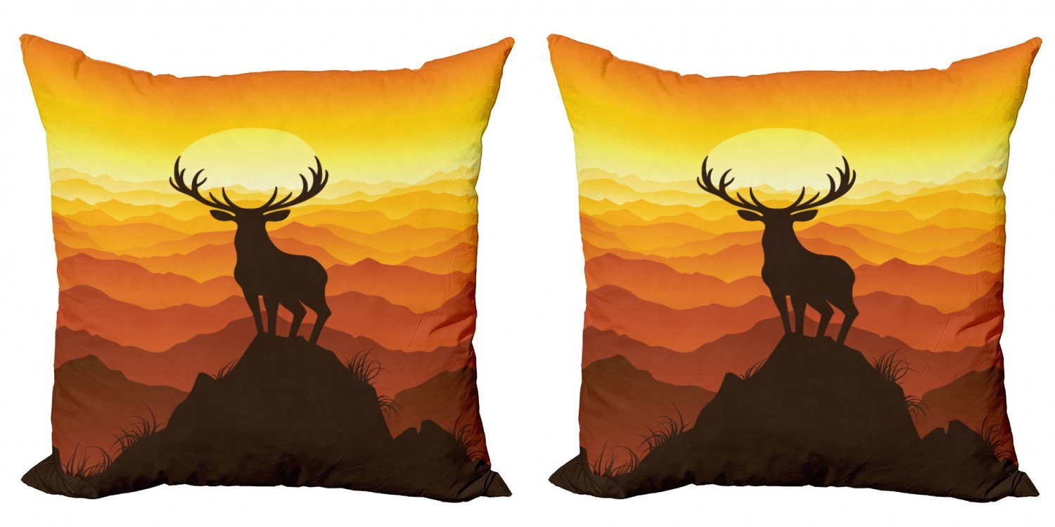 Kissenbezüge Modern Accent Doppelseitiger Digitaldruck, Abakuhaus (2 Stück), Tierwelt Deer Sonnenuntergang-Berge