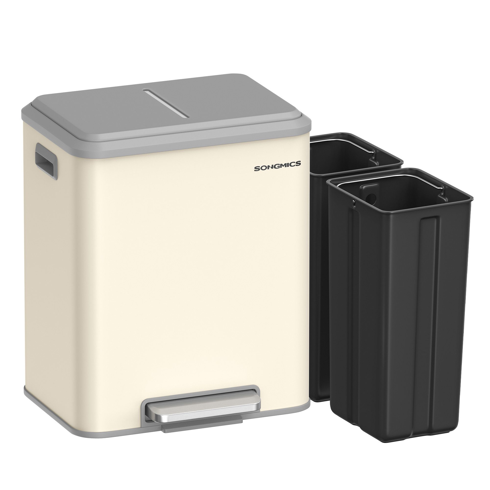 SONGMICS Mülleimer 30L Abfalleimer, Inneneimer, Stahl, Softclose-Deckel, Küche, Mülltrennsystem 2 x 15 L, 2 Fächer für Recycling und Restmüll