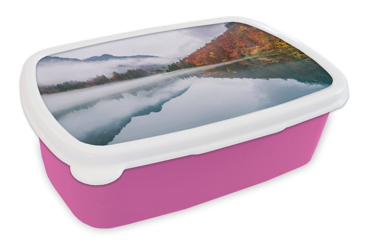 MuchoWow Lunchbox Herbst - Nebel - Wasser - Landschaft, Kunststoff, (2-tlg), Brotbox für Erwachsene, Brotdose Kinder, Snackbox, Mädchen, Kunststoff rosa