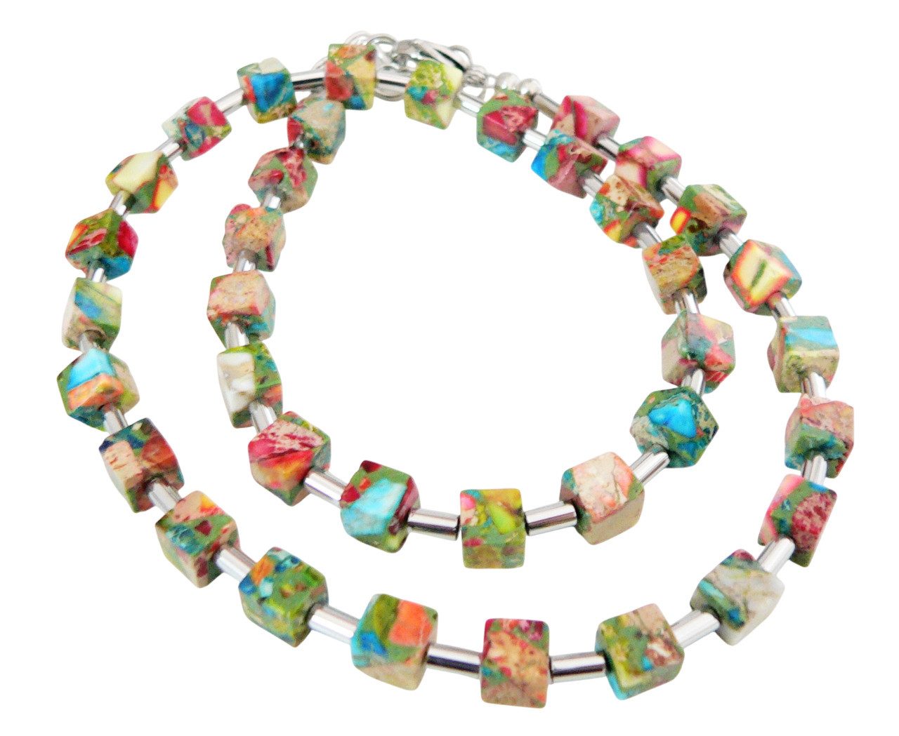 traumschmuck Collier 213l Collier Halskette JASPIS Würfel multicolor mehrfarbig bunt (Geschenk, Muttertag, Weihnachten, Geburtstag, Valentinstag, incl. Schmuckbox), handgefertigt, Made in Germany
