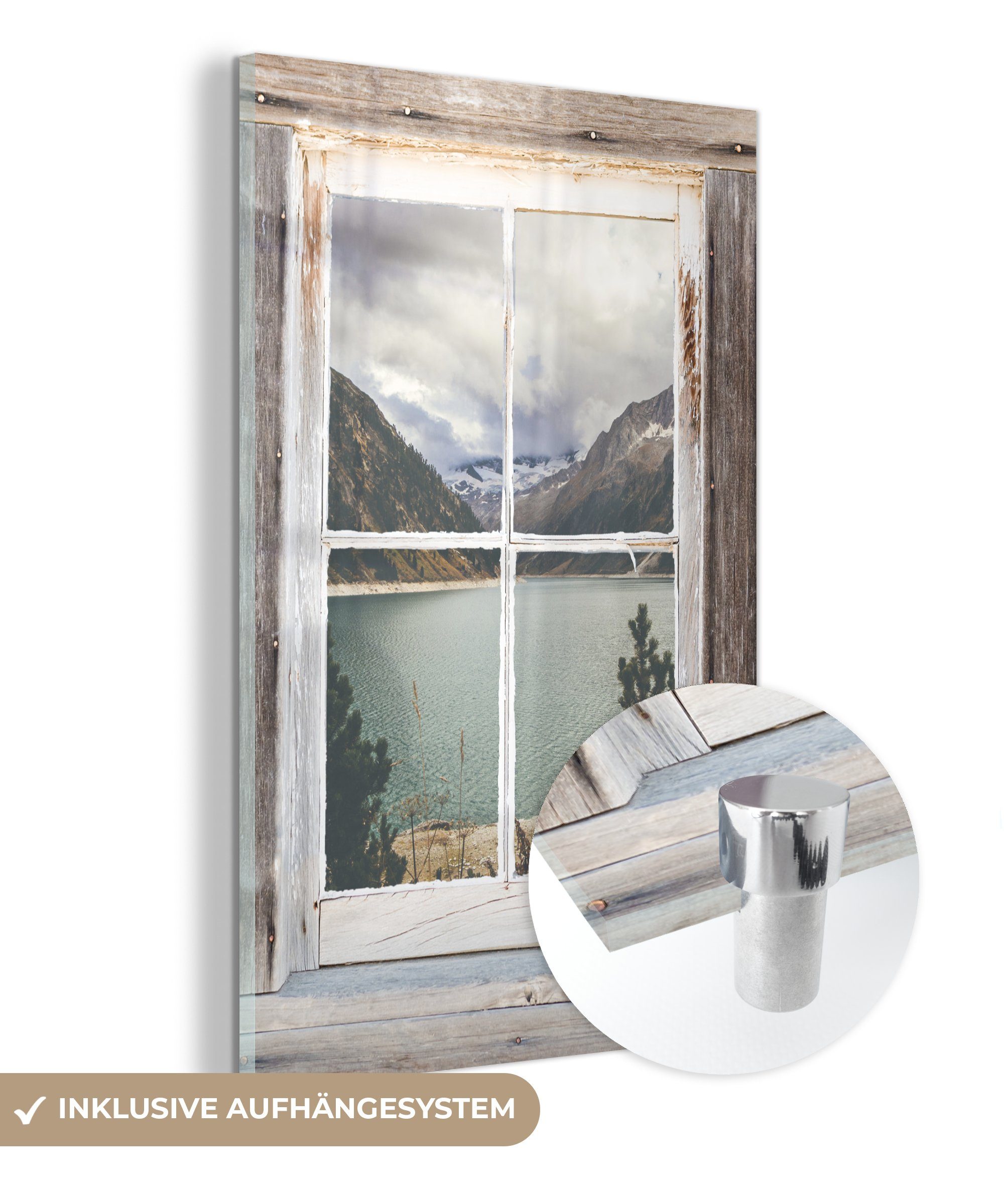 MuchoWow Acrylglasbild Durchschaubar - Holz - Berge, (1 St), Glasbilder - Bilder auf Glas Wandbild - Foto auf Glas - Wanddekoration