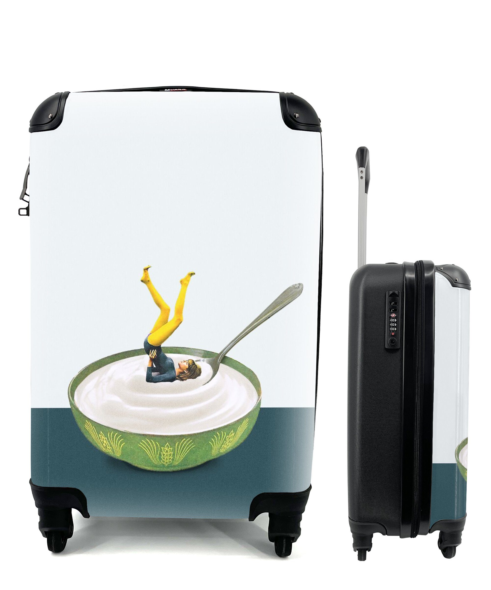 MuchoWow Handgepäckkoffer Joghurt - Yoga mit Ferien, Rollen, 4 - für Retro, rollen, Reisekoffer Handgepäck Reisetasche Trolley