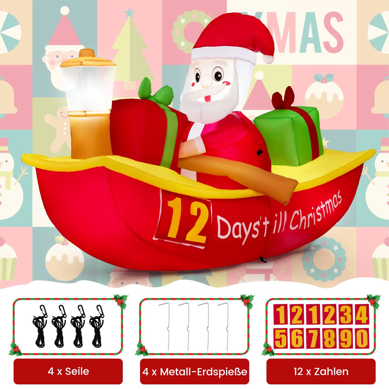 COSTWAY Weihnachtsmann, LED Ruderboot Countdown Deko im aufblasbar