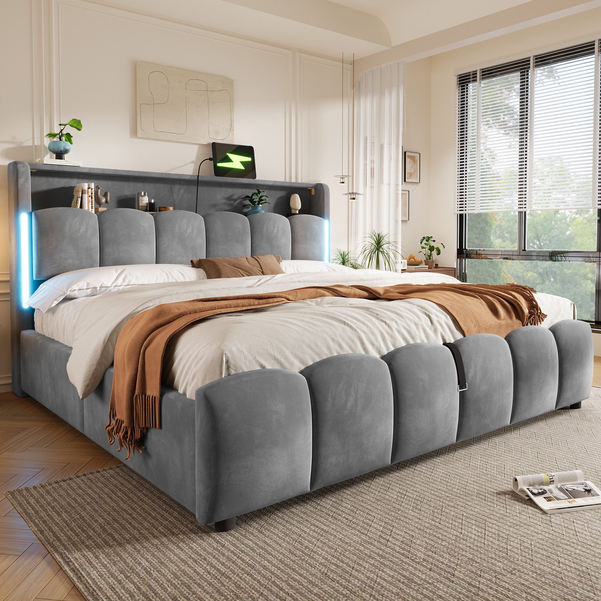 Merax Polsterbett 180x200 cm mit hydraulischem Stauraum und LED-Beleuchtung (1-tlg), Doppelbett mit Kopfteil mit Staufach,USB & Typ-C Anschlüssen,Samtbezug