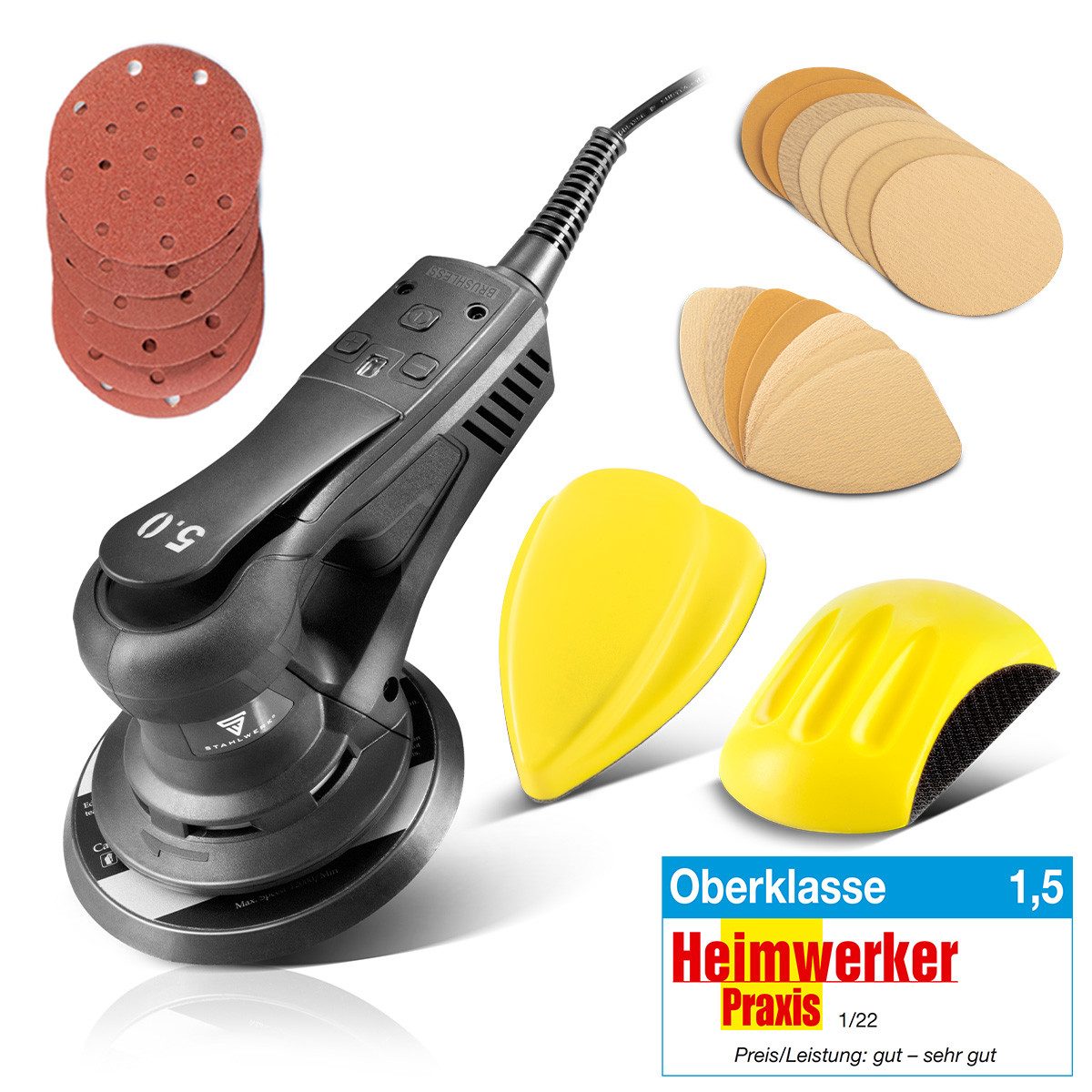 STAHLWERK Exzenterschleifer Brushless Exzenterschleifer 350 W Rotationsschleifer Handschleifer Set, (1 tlg)