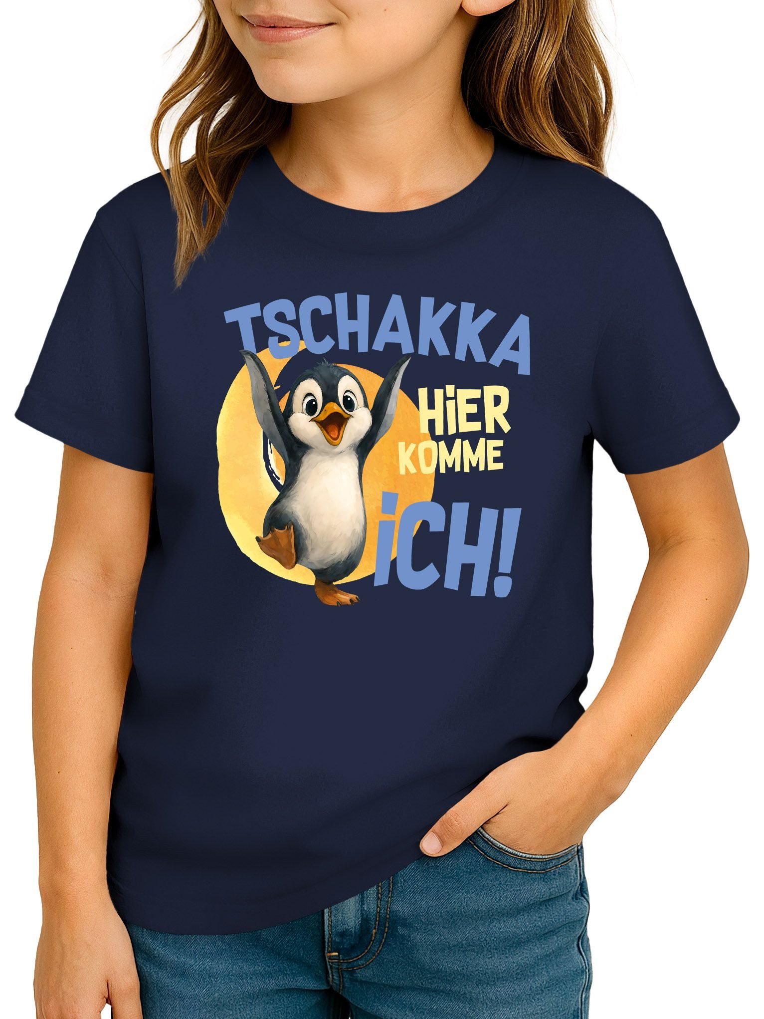 MoonWorks Print-Shirt Kinder T-Shirt Pinguin Print Aufdruck Spruch lustig Tschakka hier