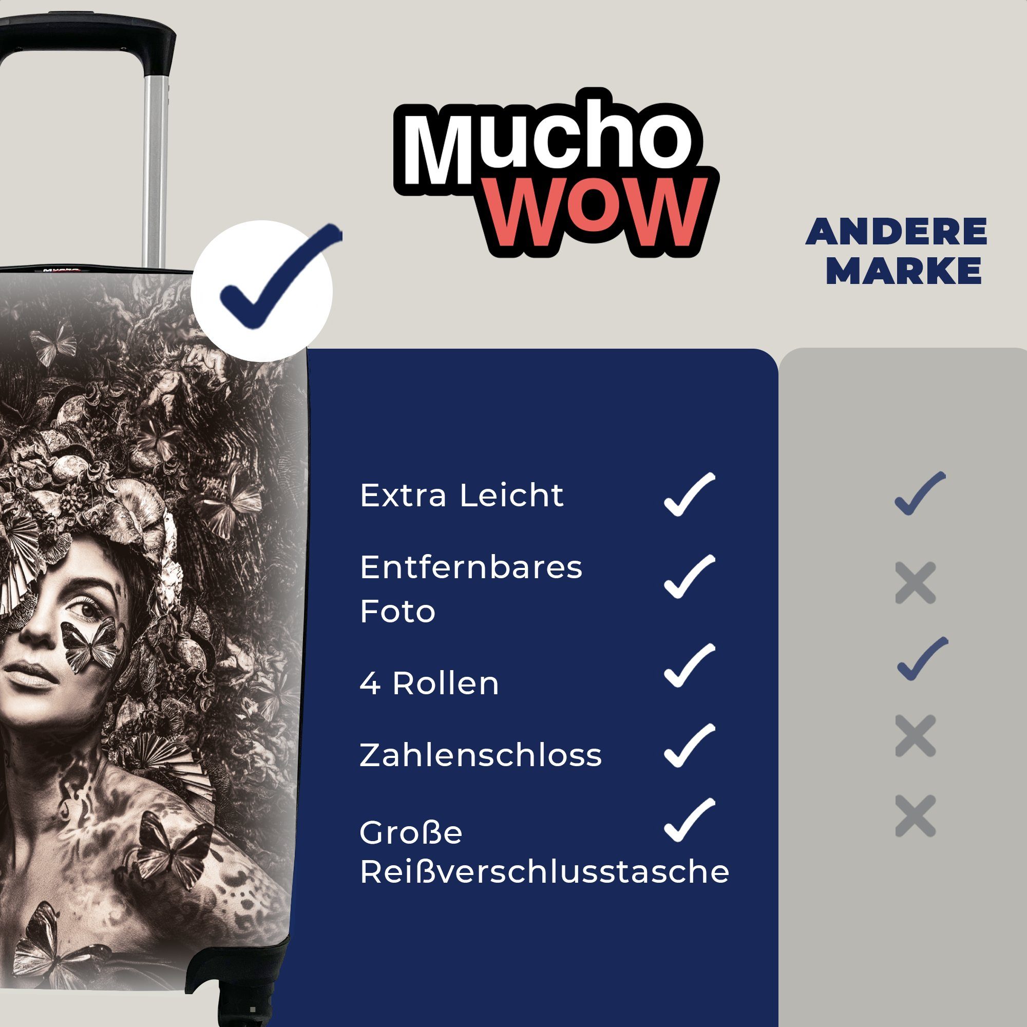 MuchoWow Handgepäckkoffer Frau Reisekoffer Handgepäck - - Schmetterling, Reisetasche Rollen, rollen, mit Pflanzen für Trolley, 4 Ferien