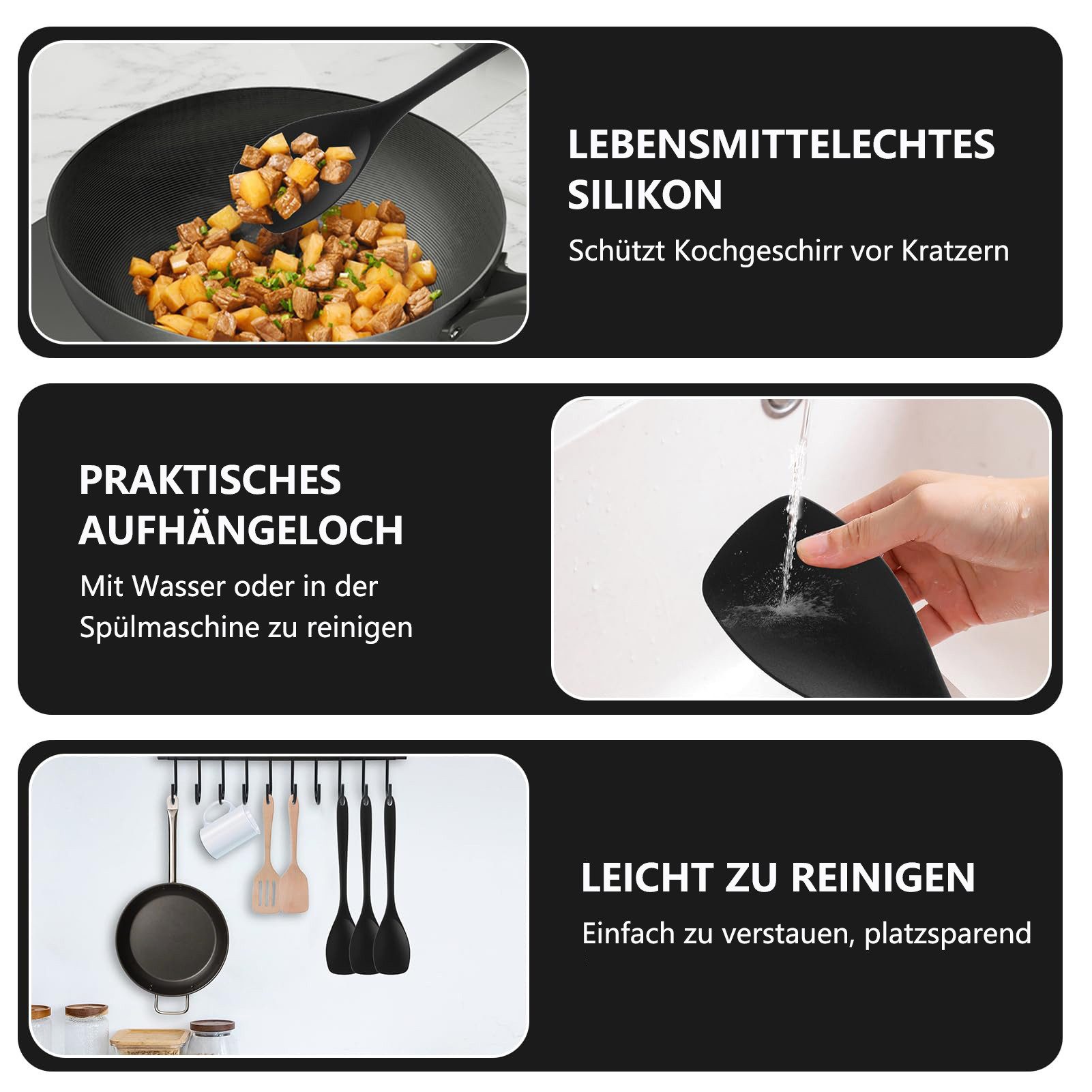 FOUORTUNATE-BEE Kochlöffel 3 Stück Rühr Kochlöffel Hitzebeständig Ergonomischer Griff, ideal für Antihaftkochgeschirr, Spülmaschinengeeignet