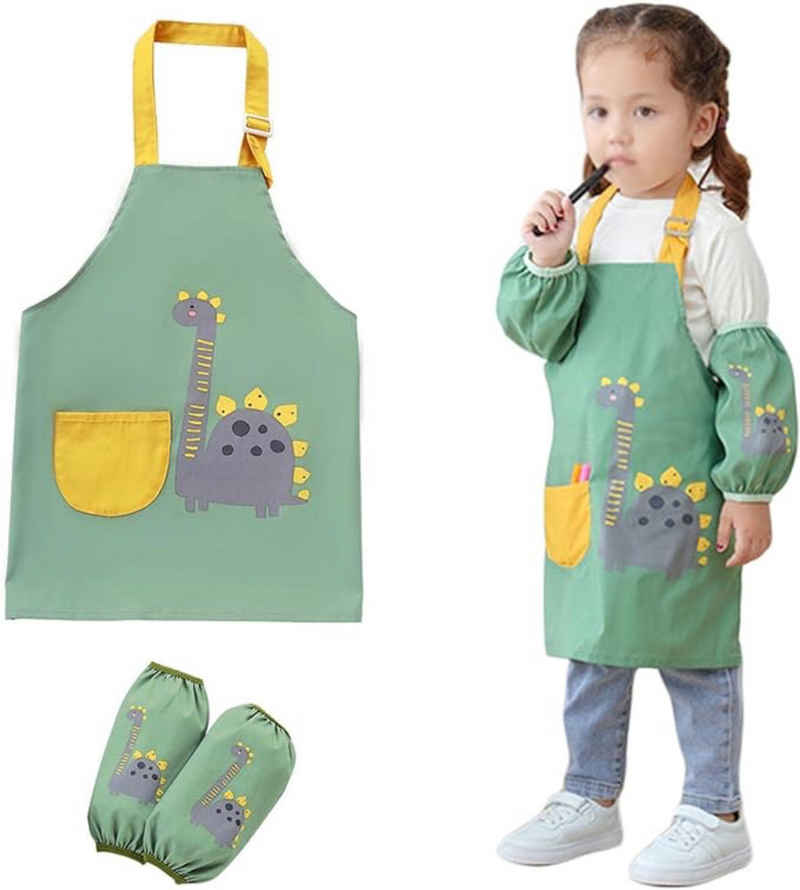 LENBEST Kochschürze Kinder Schürzen Set mit Taschen und 2 Ärmel Wasserdicht, Verstellbare, für Jungen Mädchen Basteln Malen Backen Kochen
