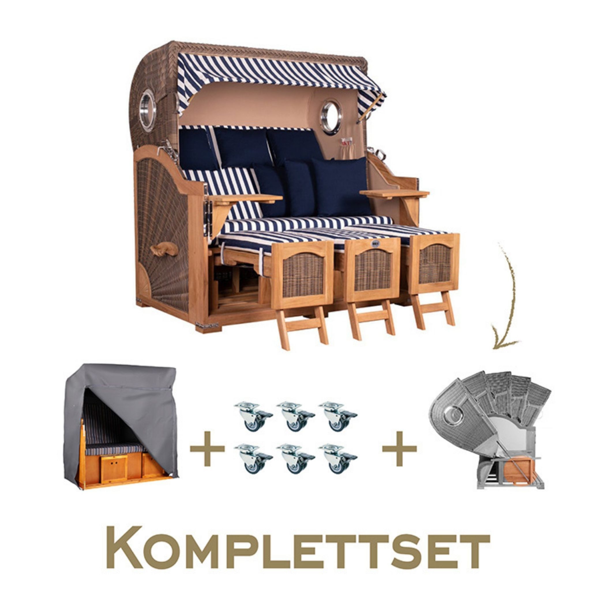 MR.DEKO Strandkorb Komplett-Set Düne Grande XXL Teak Dreisitzer Volllieger Blau/Weiß, BxTxH: 170x95x170 cm, Volllieger, Düne Grande XXL, (Luxus Strandkorb XXL, 4-tlg., Strandkorb inkl. Aero Protect, Rollen & Lifter-Set), Wetterfester 3-Sitzer, inkl. Lifter, Rollen & Haube, fertig montiert