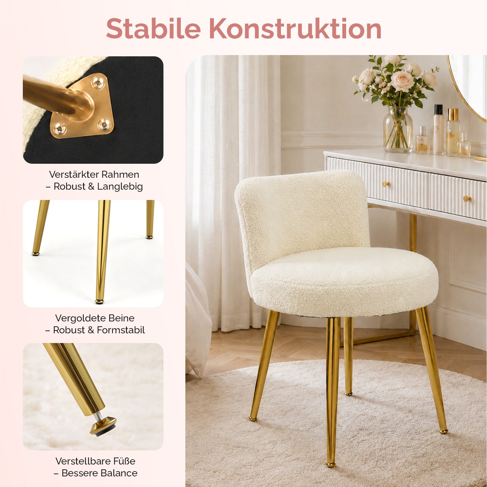 VINGLI Polsterstuhl Schminkstuhl im schlichten Stil, aus Teddystoff, Verstellbare goldene Beine – Bild 5 von 5