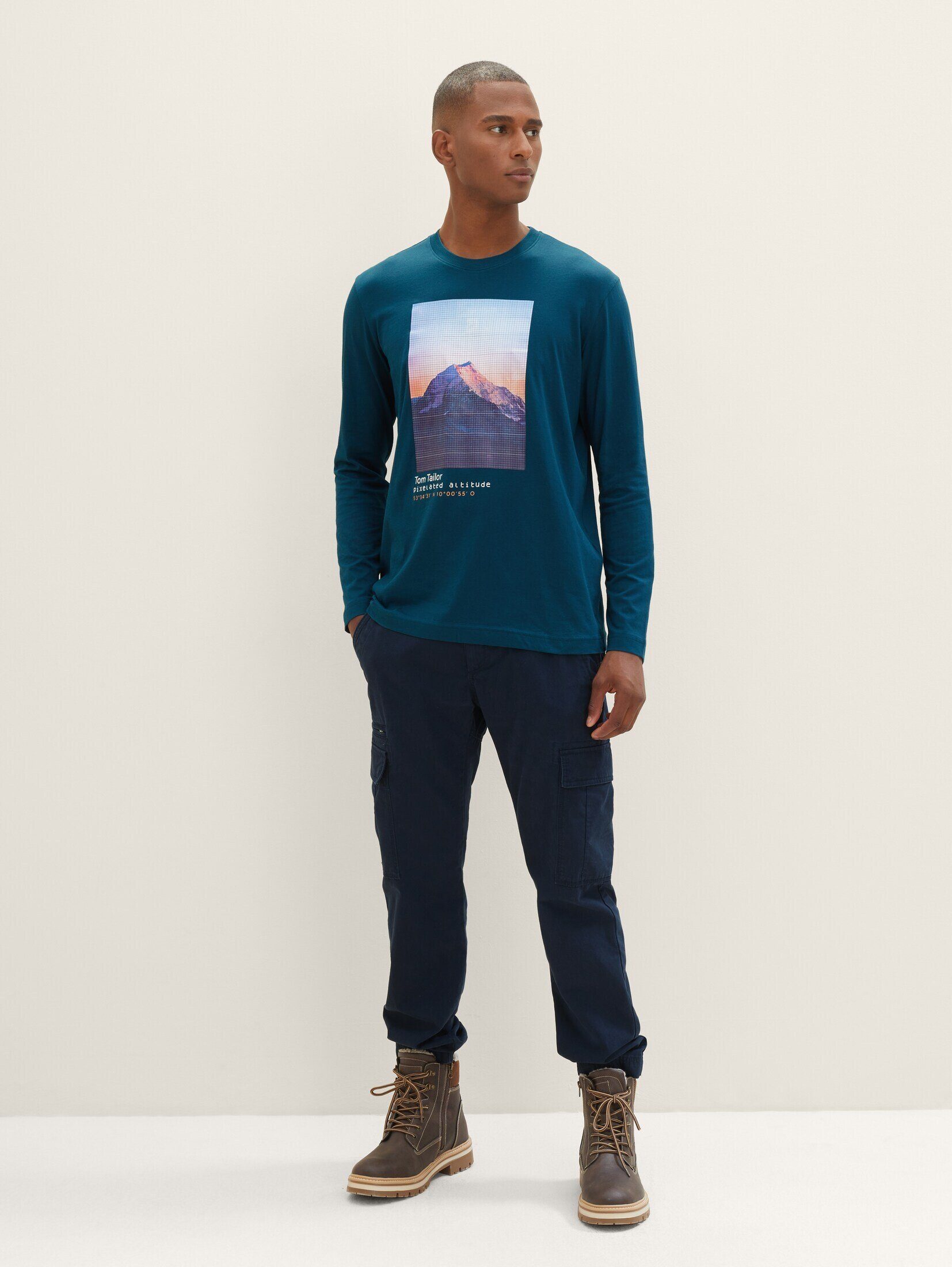 TOM TAILOR T-Shirt Langarmshirt mit green pond Bio-Baumwolle deep