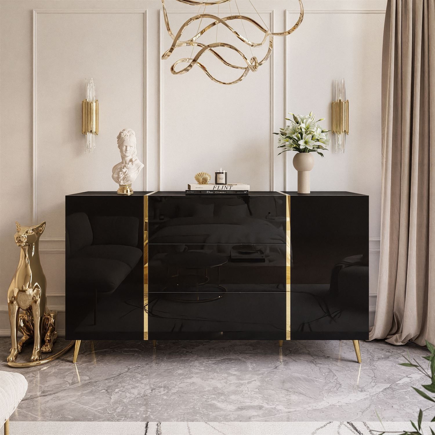 Lookway Kommode ONYX goldene Beine Hochglanz Push-Open / Goldgriffe 158 cm