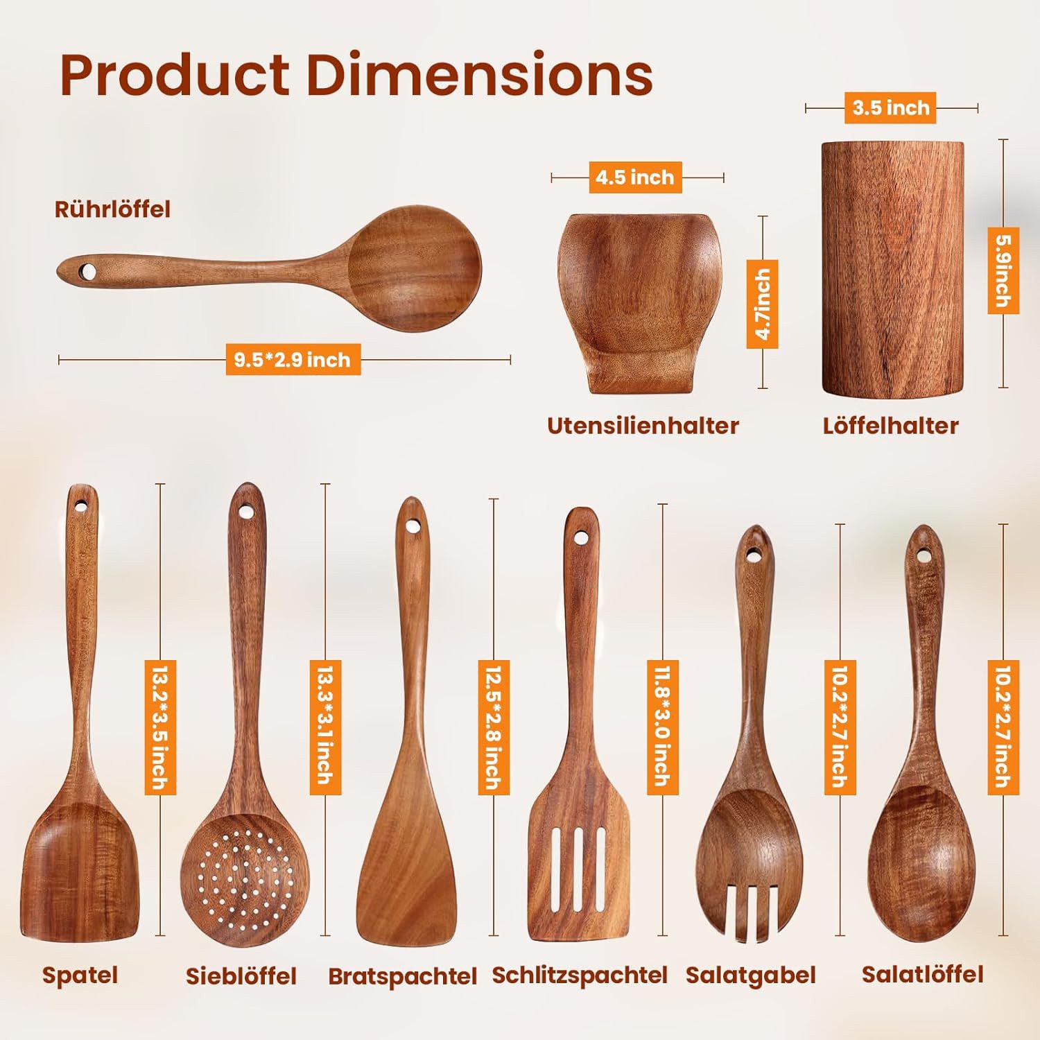 SURFOU Kochbesteck-Set Acacia Holz Küchenhelfer Set, 9 teilig inkl. Aufbewahrungsständer (Set, Pfannenwender, Kochlöffel, Schöpflöffel, Ständer, Löffelablage),  – Bild 4 von 5