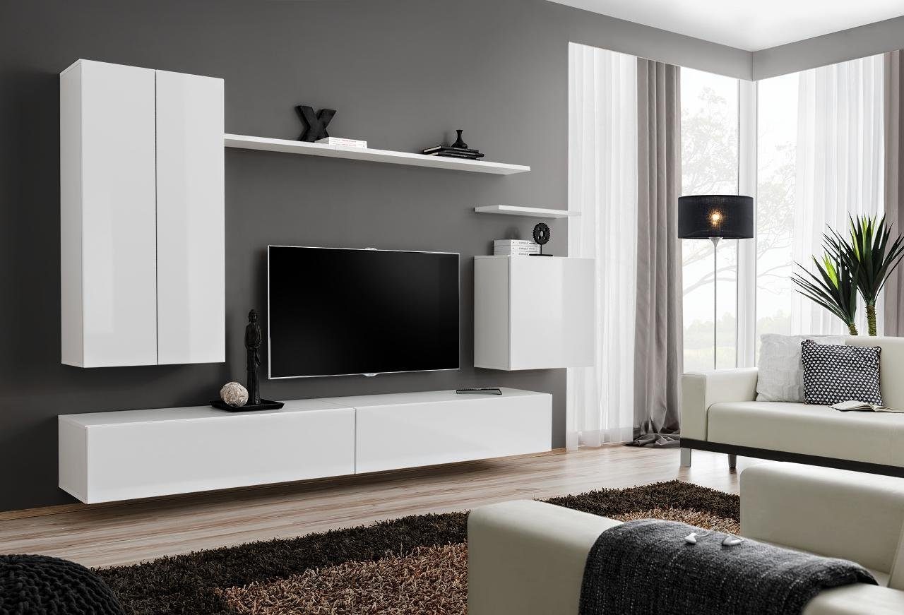 JVmoebel Wohnzimmer-Set Weiß Wohnwand Design Luxus Wohnzimmermöbel Wandschrank Neu, (8-St., 1x Wohnwand + 2x TV Ständer + 3x Wandschrank + 2x Wandregal), Made in Europa