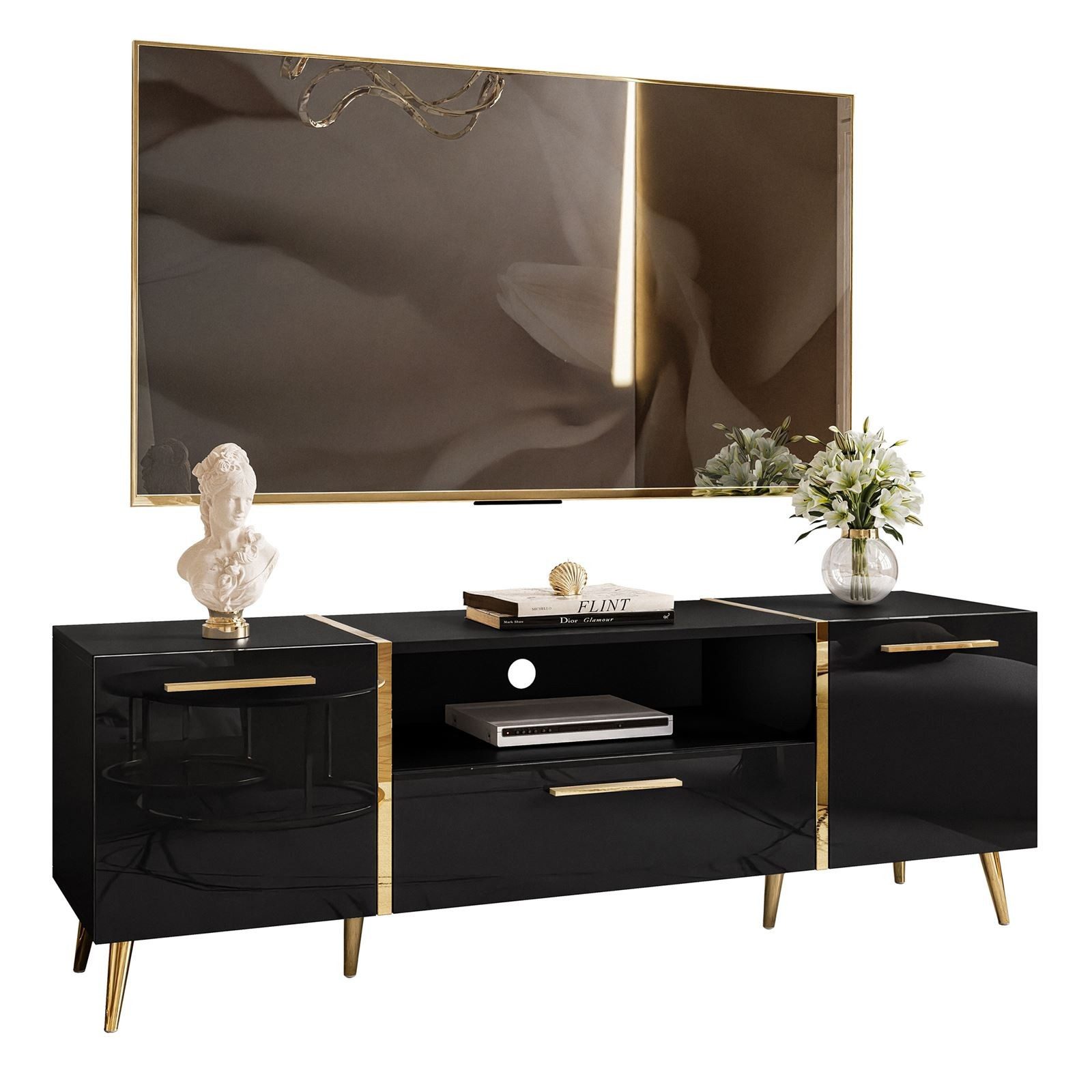 Lookway Lowboard ONYX TV-Schrank auf goldenen Beinen Hochglanz 158 cm Griffe