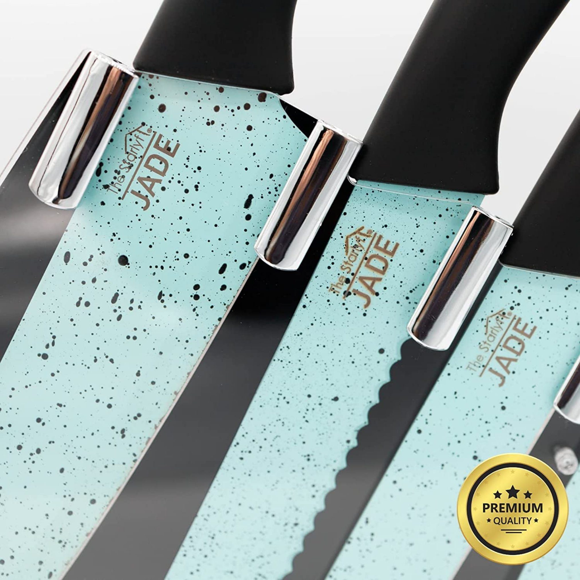 Starlyf Messer-Set Jade Knife Series + Stand (Set, 6-tlg., Einzeln oder mit Messerschärfer), Set aus 5 Messern mit Jadepulverbeschichtung und Messerständer