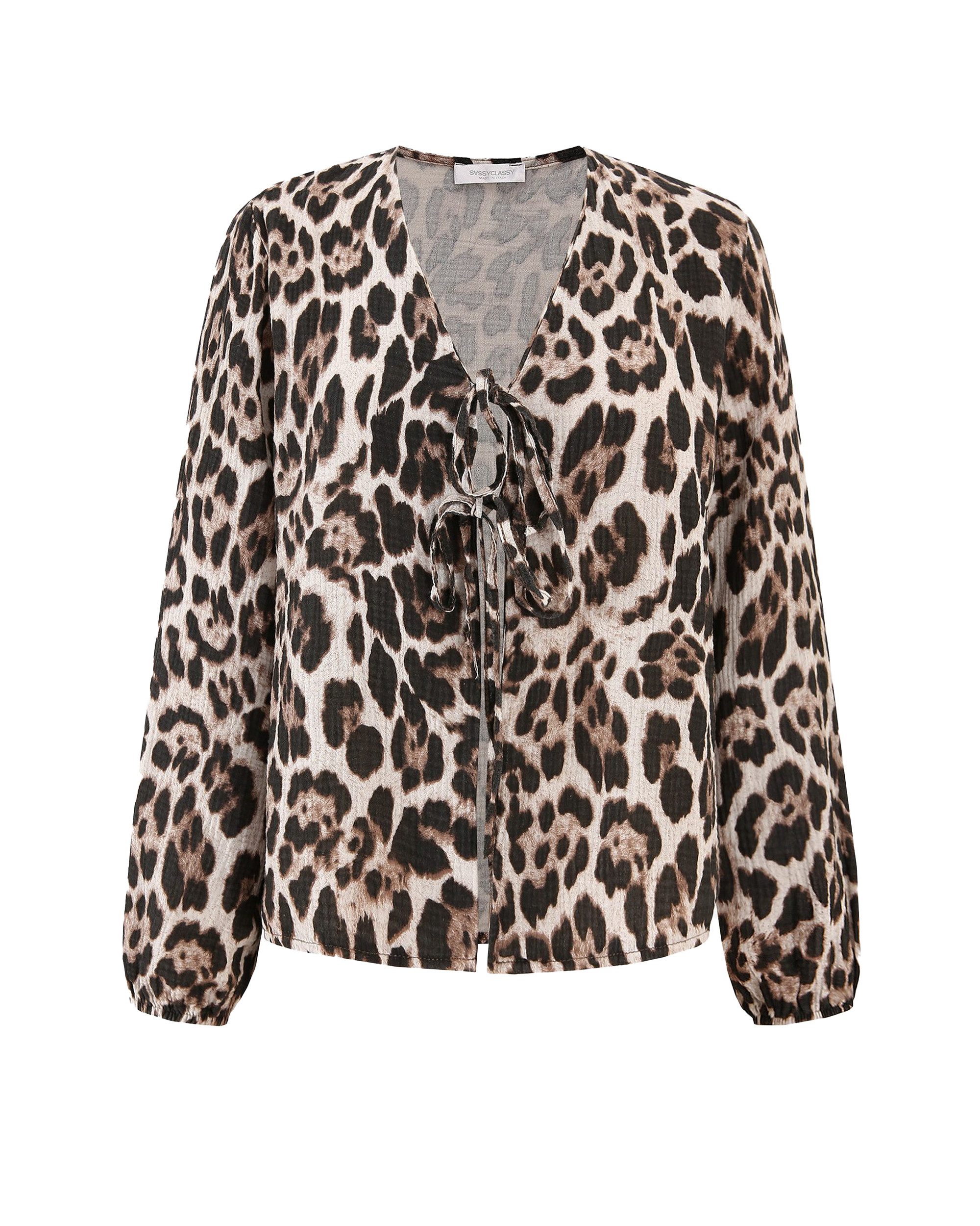SASSYCLASSY Blusenjacke Musselin Blusenjacke in Leoprint Oversized Blusenjacke aus Baumwolle mit Bindebändern