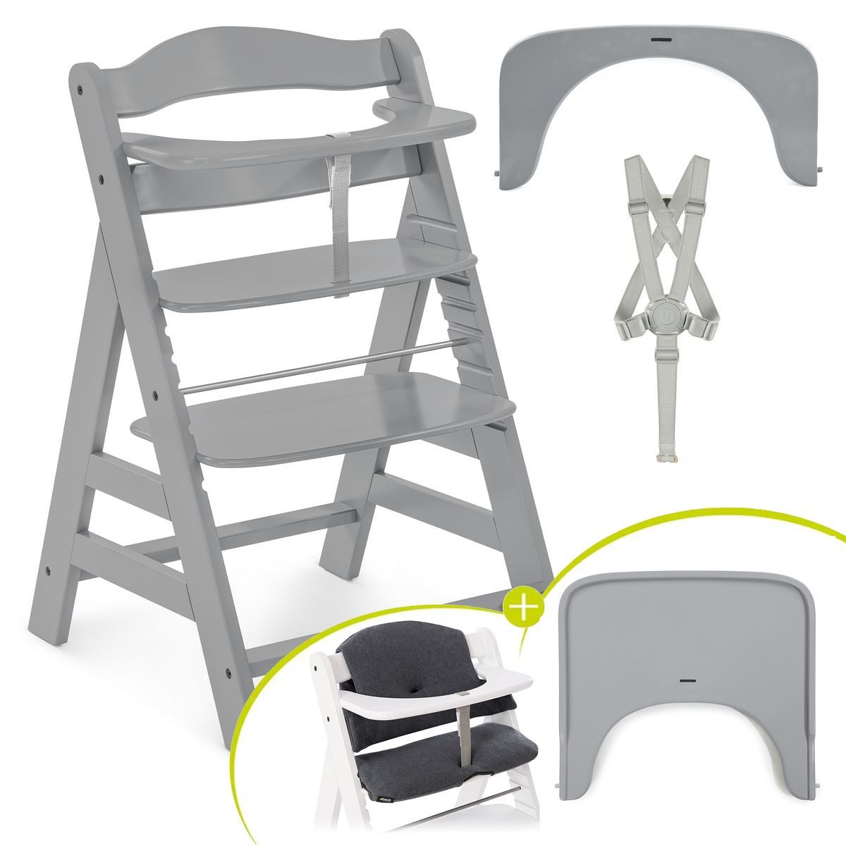 Hauck Hochstuhl Alpha Plus Grey, Holz Kinderhochstuhl verstellbar mit Essbrett Wooden Tray & Sitzkissen