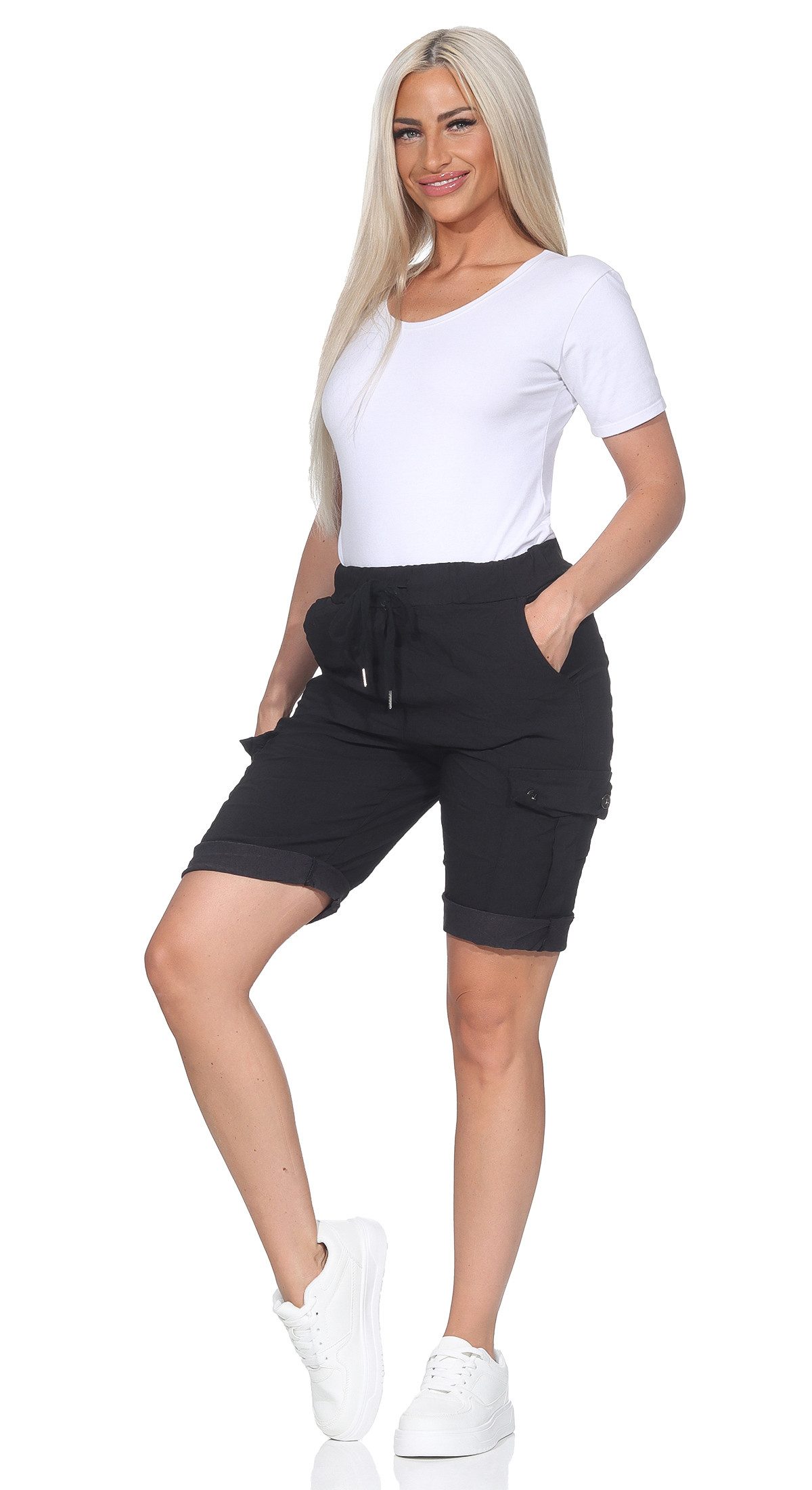 OriginalYou Cargoshorts Damen kurze Sommer Hose Stretch Bermuda Gummizug und Schnürung moderner Knitterlook, mit Gummizug & Schnürung