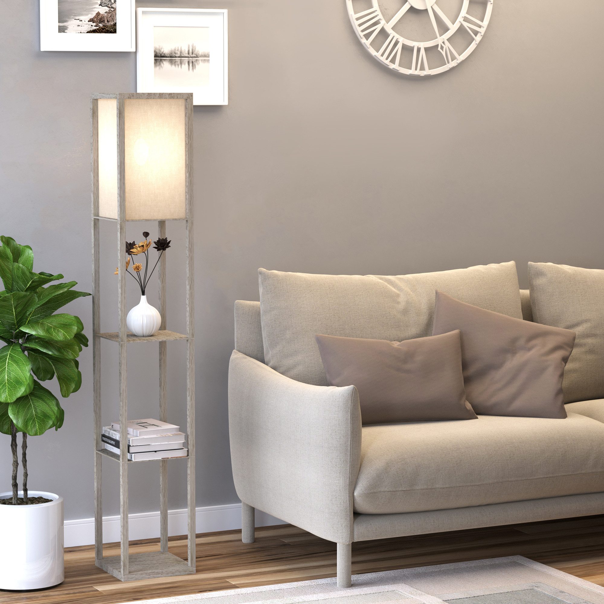 FELIXLEO Stehlampe Stehleuchte mit 3 Regalen E27 bis 40W Eiche Weiß 26x26x160cm