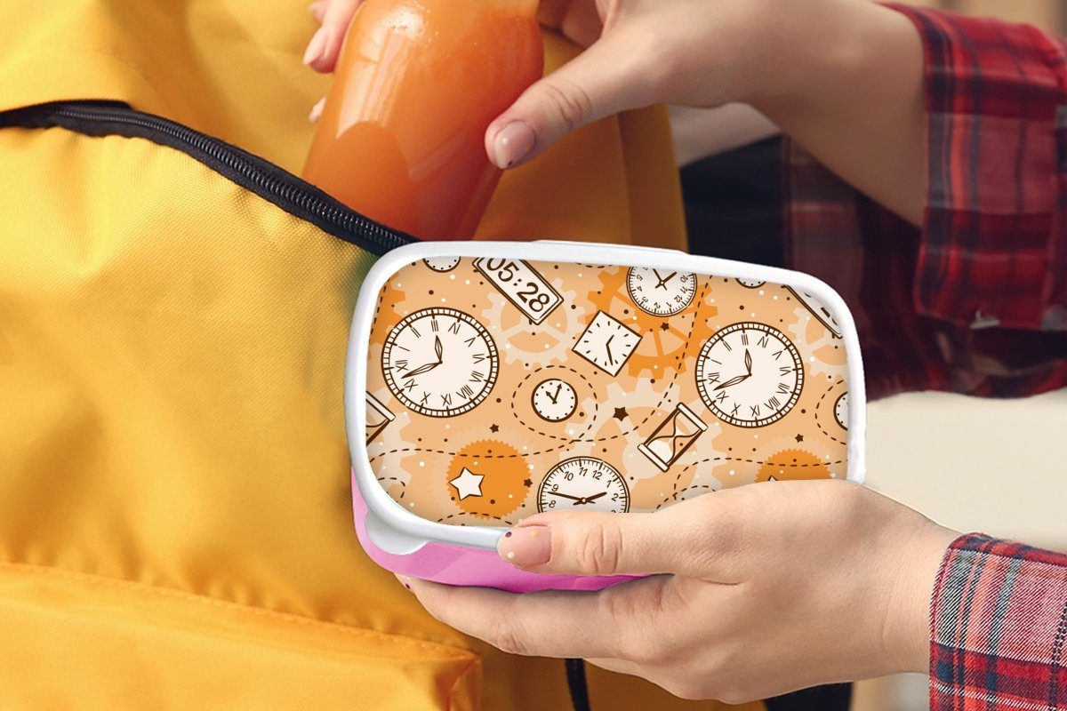 Erwachsene, Snackbox, Brotdose Kunststoff Lunchbox Kinder, Kunststoff, rosa (2-tlg), Sanduhr, - Uhr für Mädchen, Brotbox - Muster MuchoWow