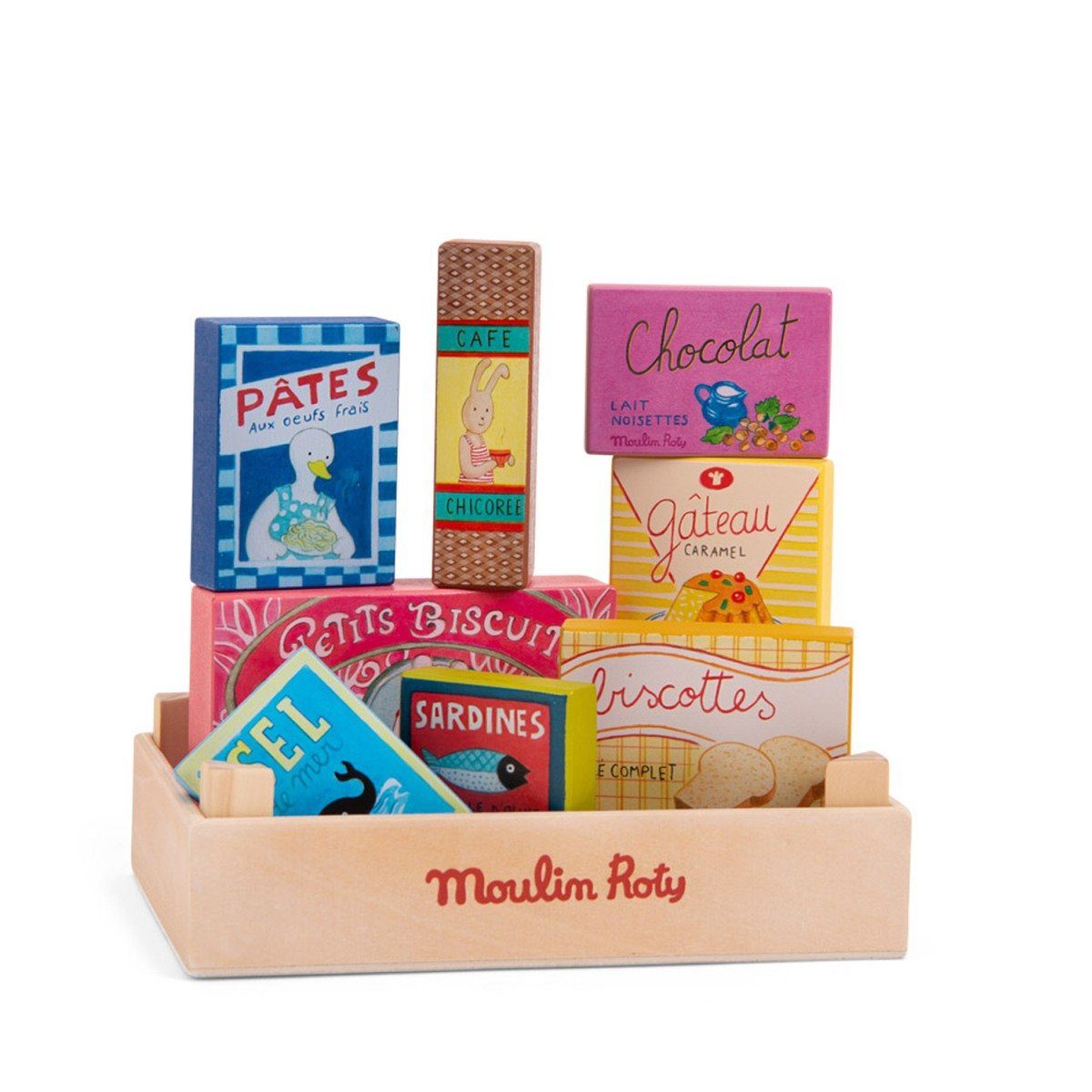 Moulin Roty Kaufladensortiment Kaufladen Lebensmittel Holzspielzeug Holzkiste Kinderküche Rollenspiel